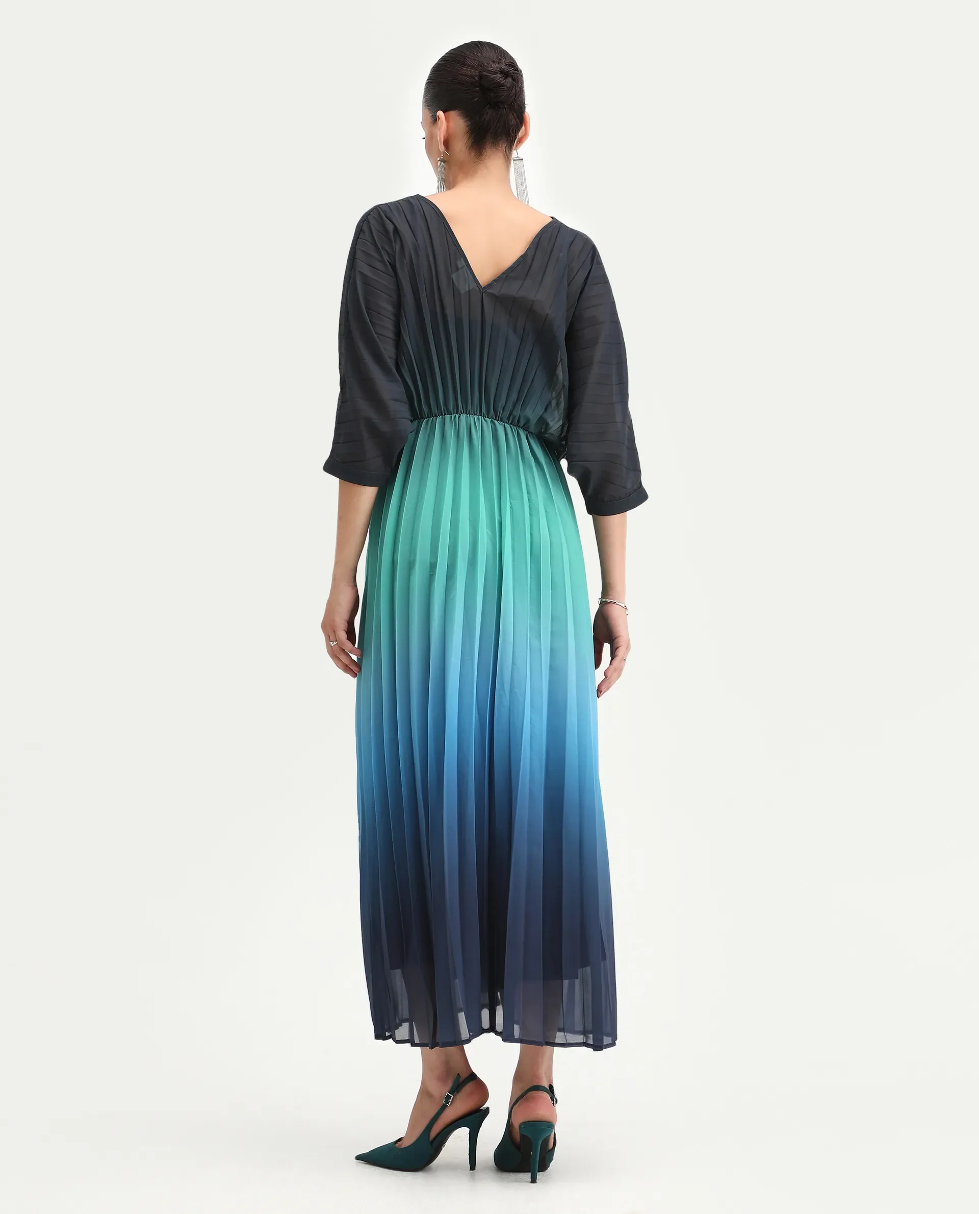 Rareism Women's Janambi Dark Blue Cotton V-Neck Ombre Kimono Sleeve Maxi Flared Dress - Image 8