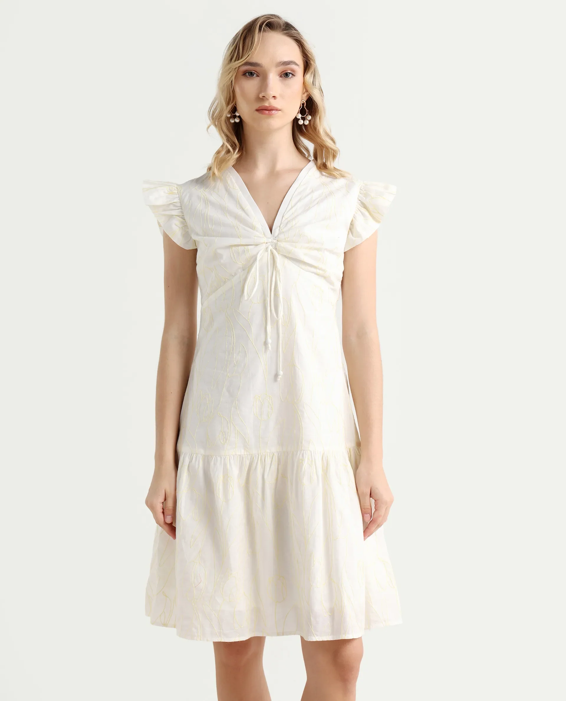 Rareism Women's Janarivi Off White Cotton V-Neck Embroidered Ruffled Sleeve Knee Length Fit And Flare Dress - Image 3