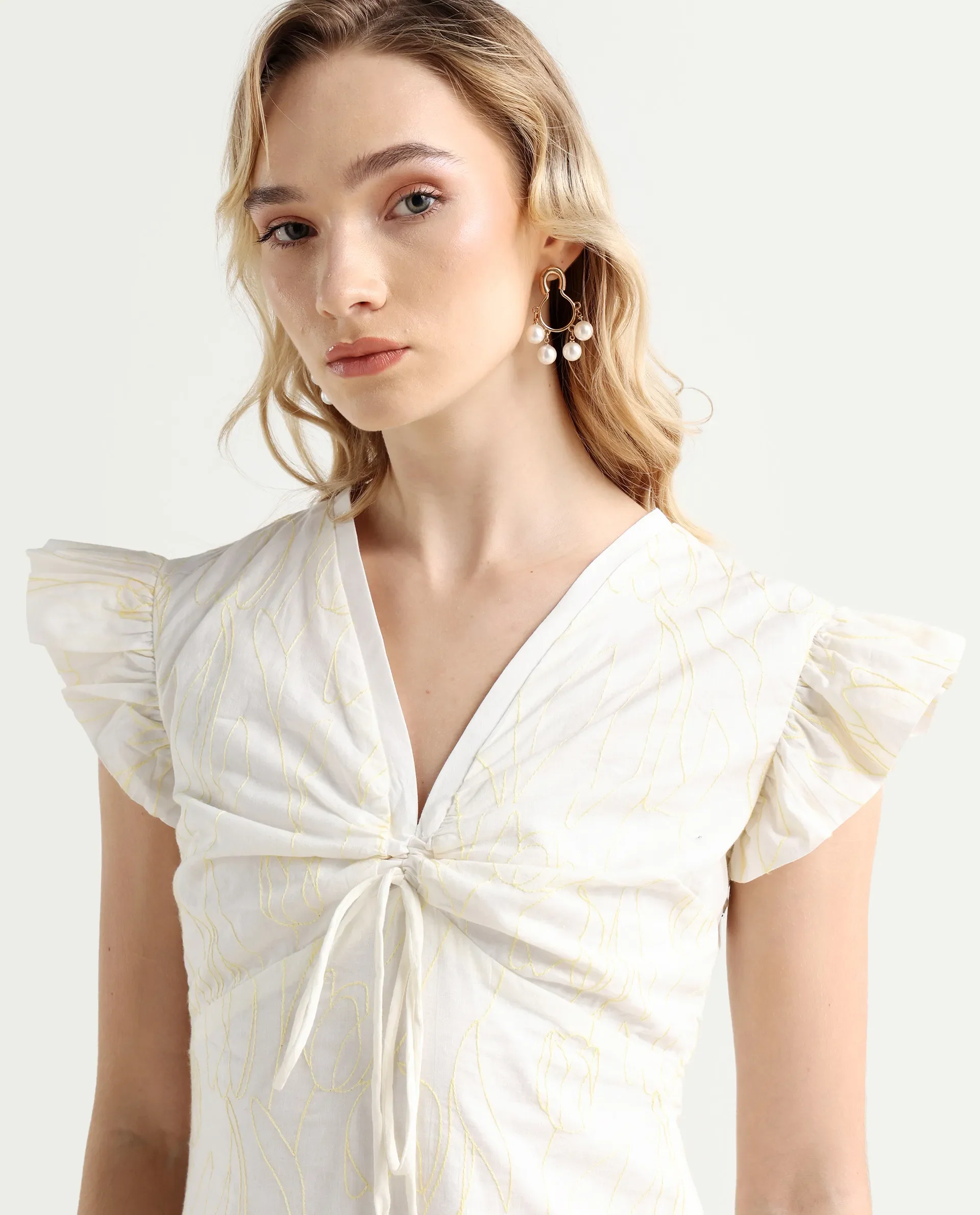 Rareism Women's Janarivi Off White Cotton V-Neck Embroidered Ruffled Sleeve Knee Length Fit And Flare Dress - Image 4