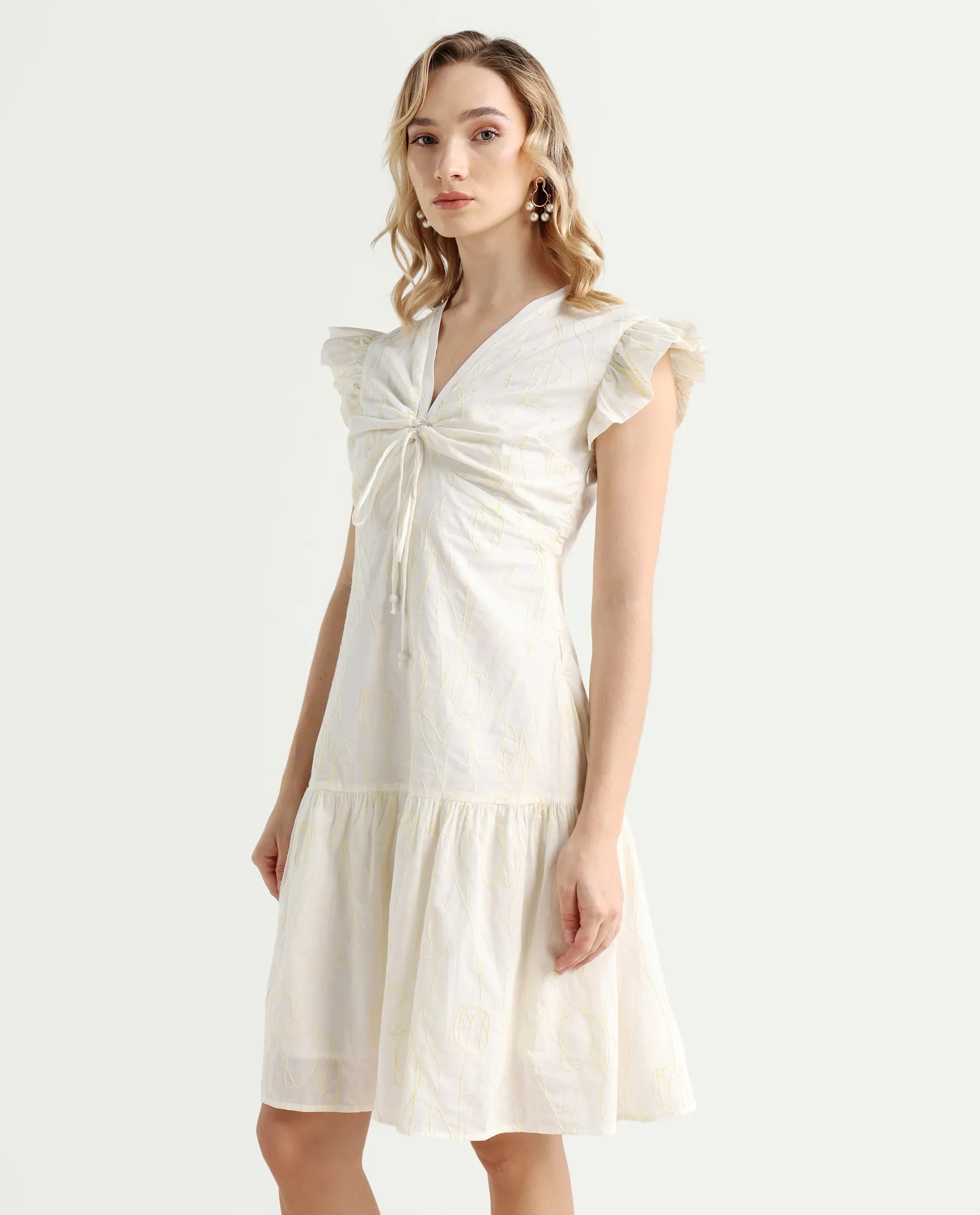 Rareism Women's Janarivi Off White Cotton V-Neck Embroidered Ruffled Sleeve Knee Length Fit And Flare Dress - Image 5