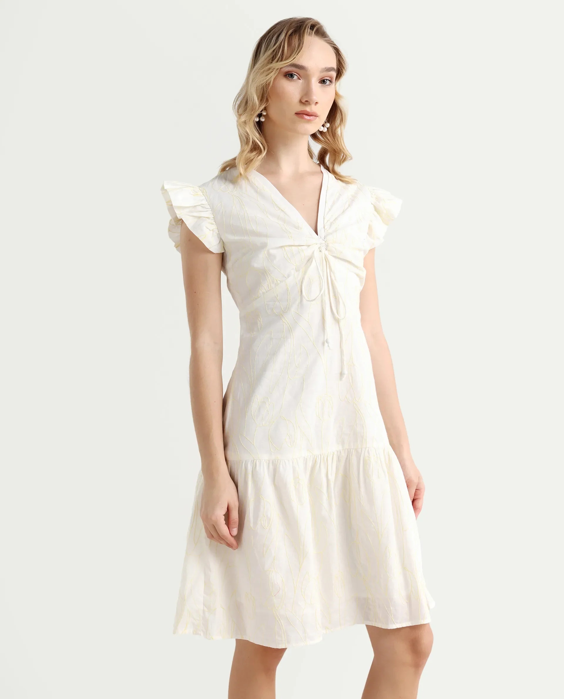 Rareism Women's Janarivi Off White Cotton V-Neck Embroidered Ruffled Sleeve Knee Length Fit And Flare Dress - Image 6