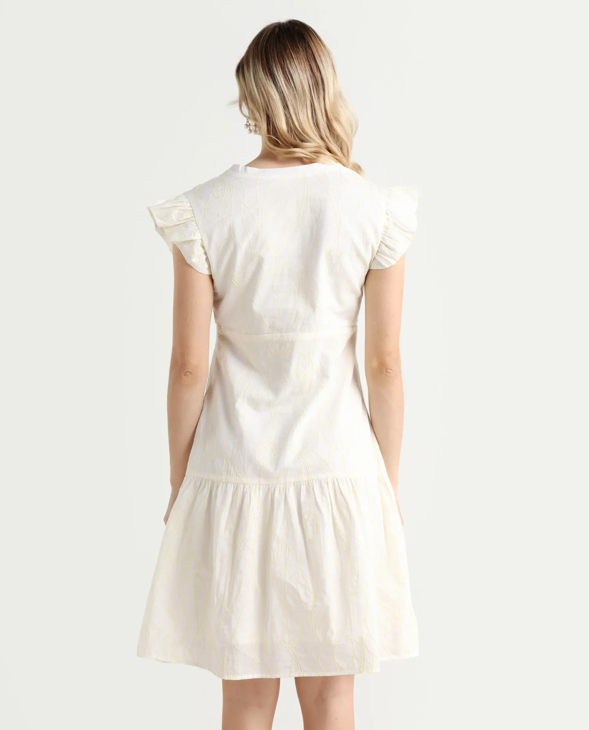 Rareism Women's Janarivi Off White Cotton V-Neck Embroidered Ruffled Sleeve Knee Length Fit And Flare Dress - Image 7