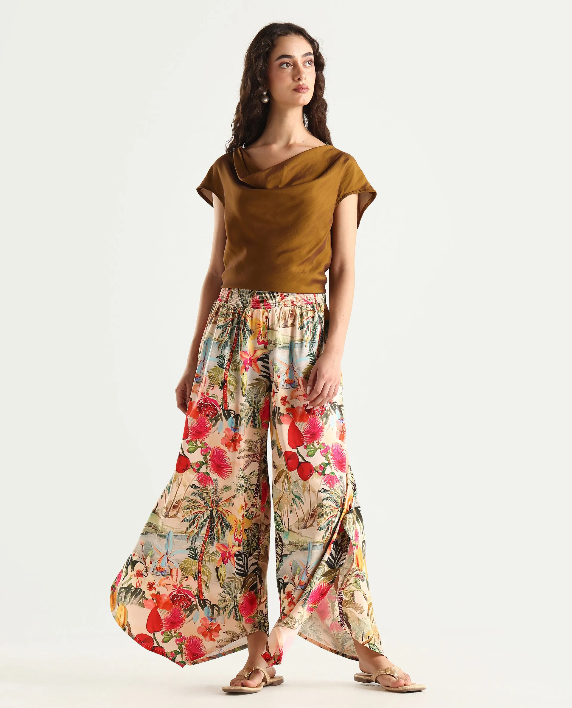 Rareism Women's Janary Multi Cotton Blend Tropical Print Ankle Length Flared Trouser