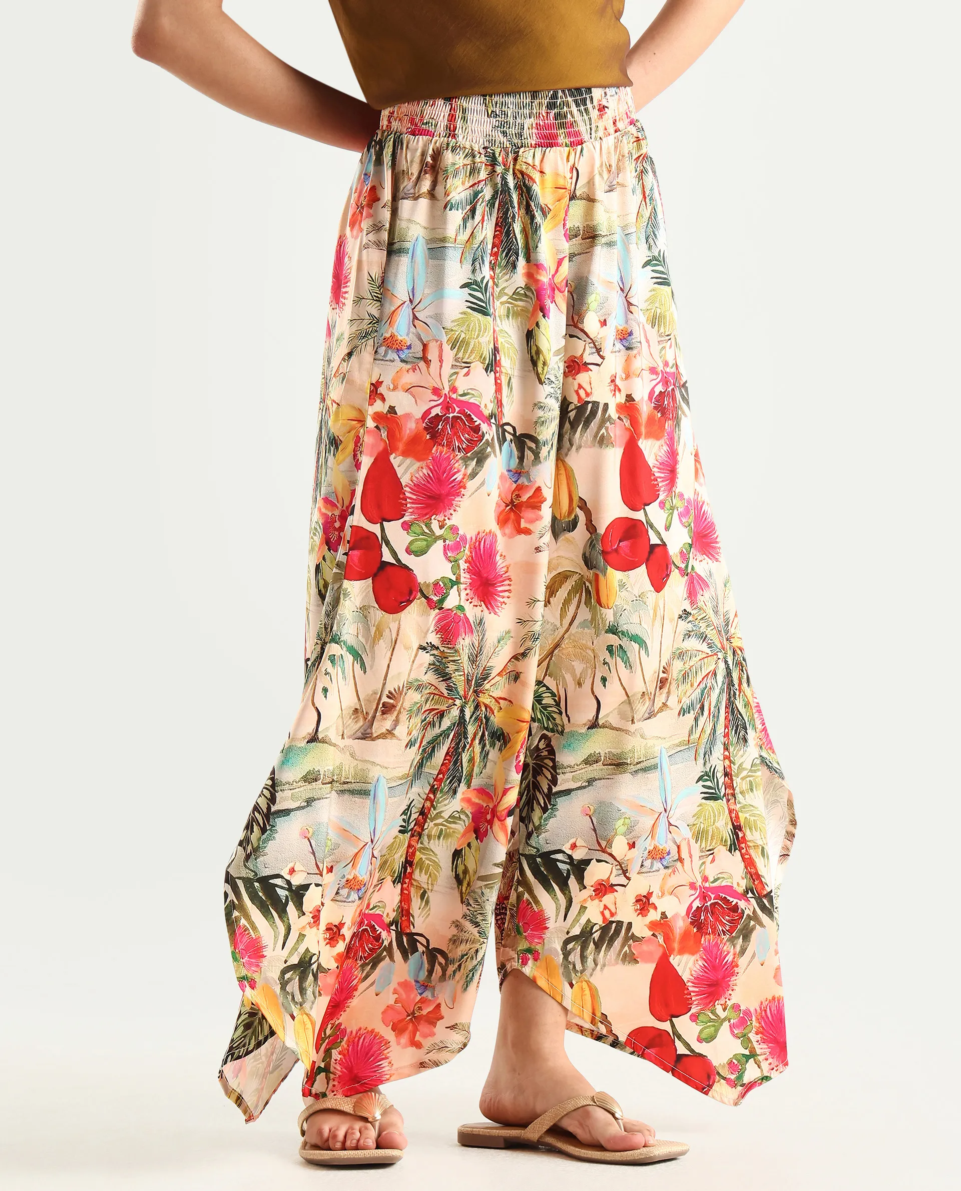 Rareism Women's Janary Multi Cotton Blend Tropical Print Ankle Length Flared Trouser - Image 2