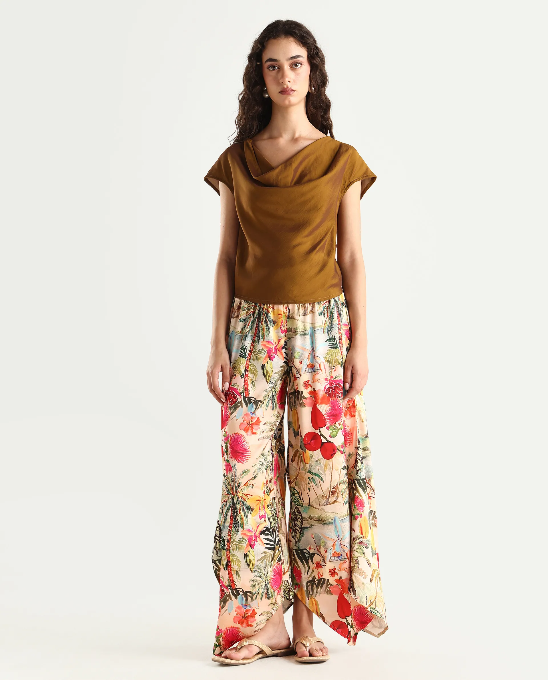 Rareism Women's Janary Multi Cotton Blend Tropical Print Ankle Length Flared Trouser - Image 3