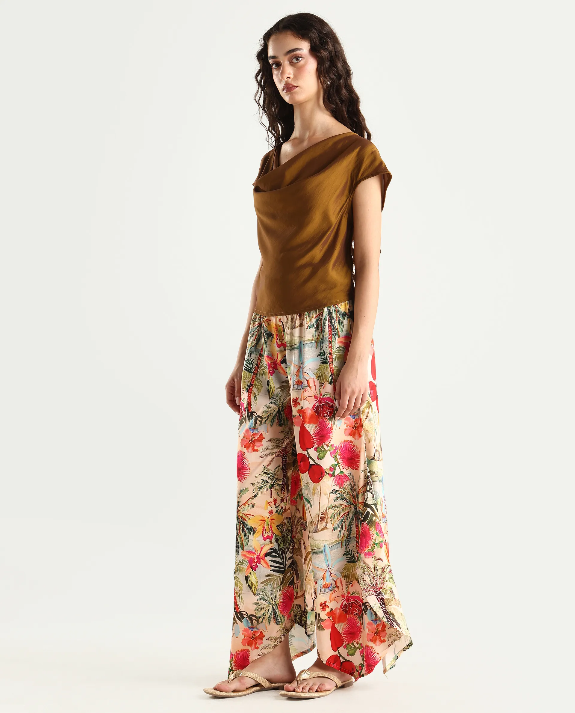 Rareism Women's Janary Multi Cotton Blend Tropical Print Ankle Length Flared Trouser - Image 5