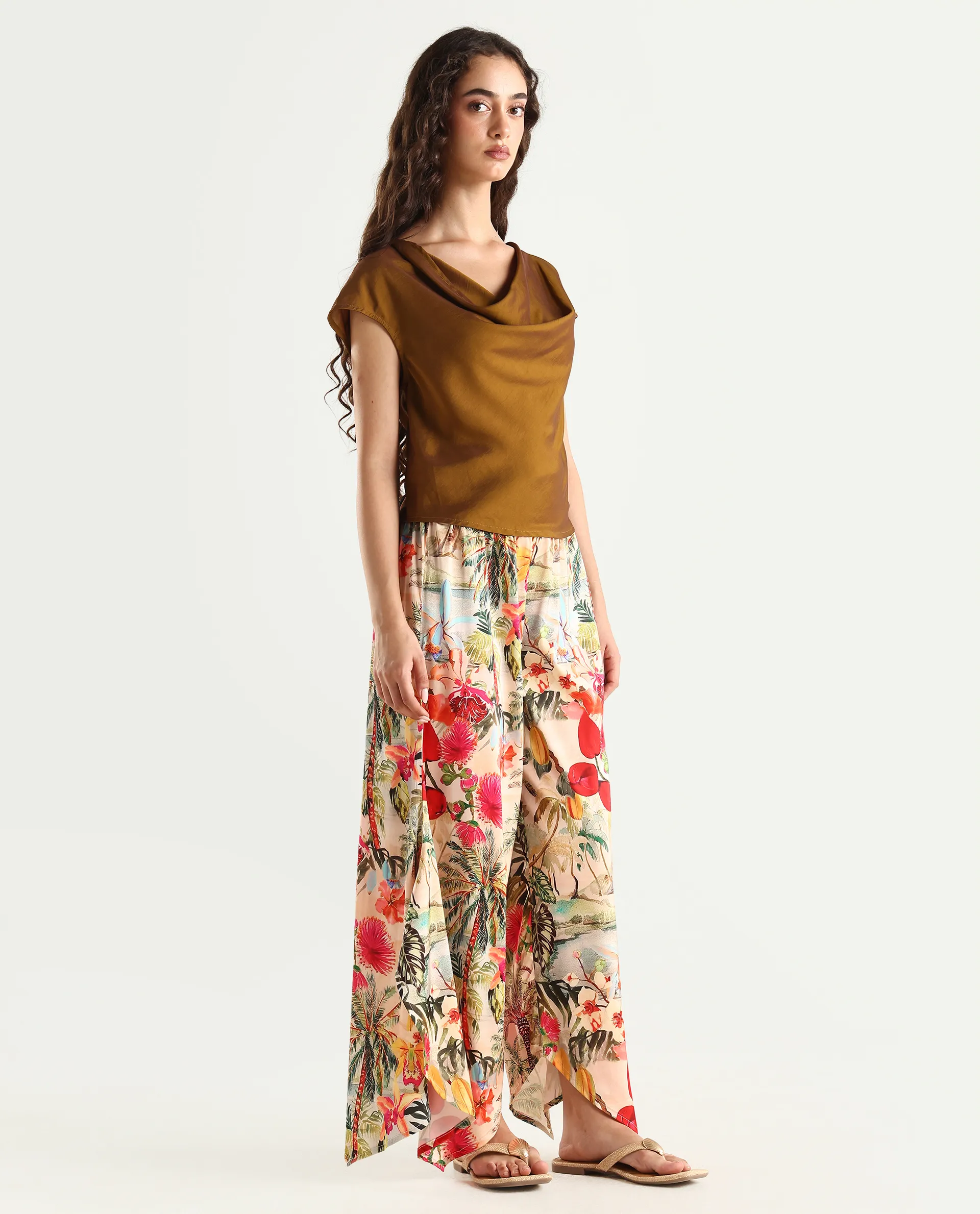 Rareism Women's Janary Multi Cotton Blend Tropical Print Ankle Length Flared Trouser - Image 6