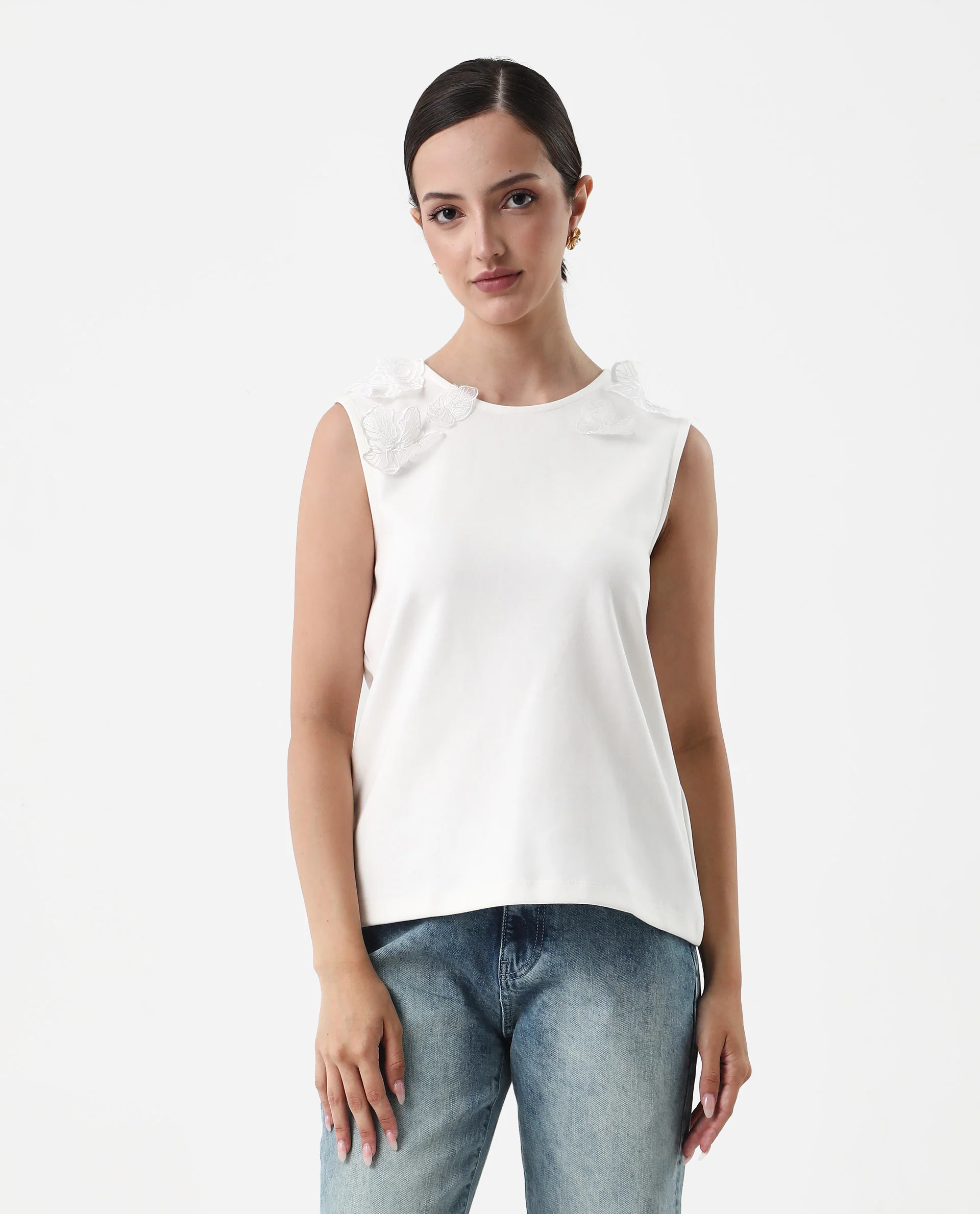 Rareism Women's Janbed Off White Cotton Round Neck Plain Sleeveless Regular Fit T-Shirt - Image 3