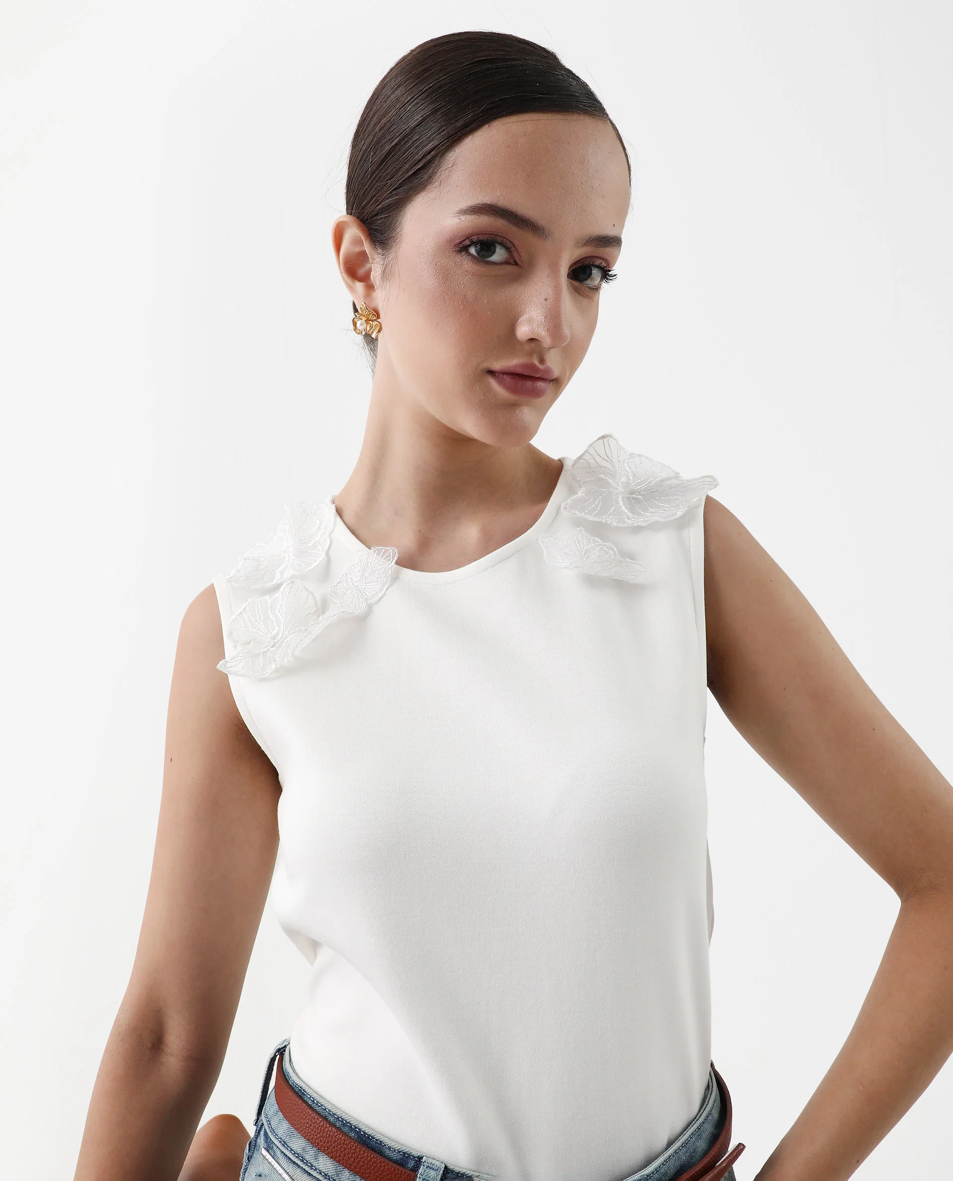 Rareism Women's Janbed Off White Cotton Round Neck Plain Sleeveless Regular Fit T-Shirt - Image 4