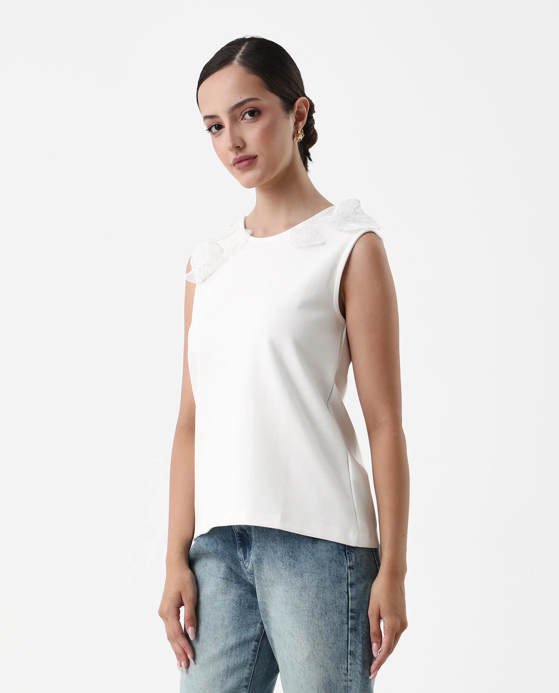 Rareism Women's Janbed Off White Cotton Round Neck Plain Sleeveless Regular Fit T-Shirt - Image 6