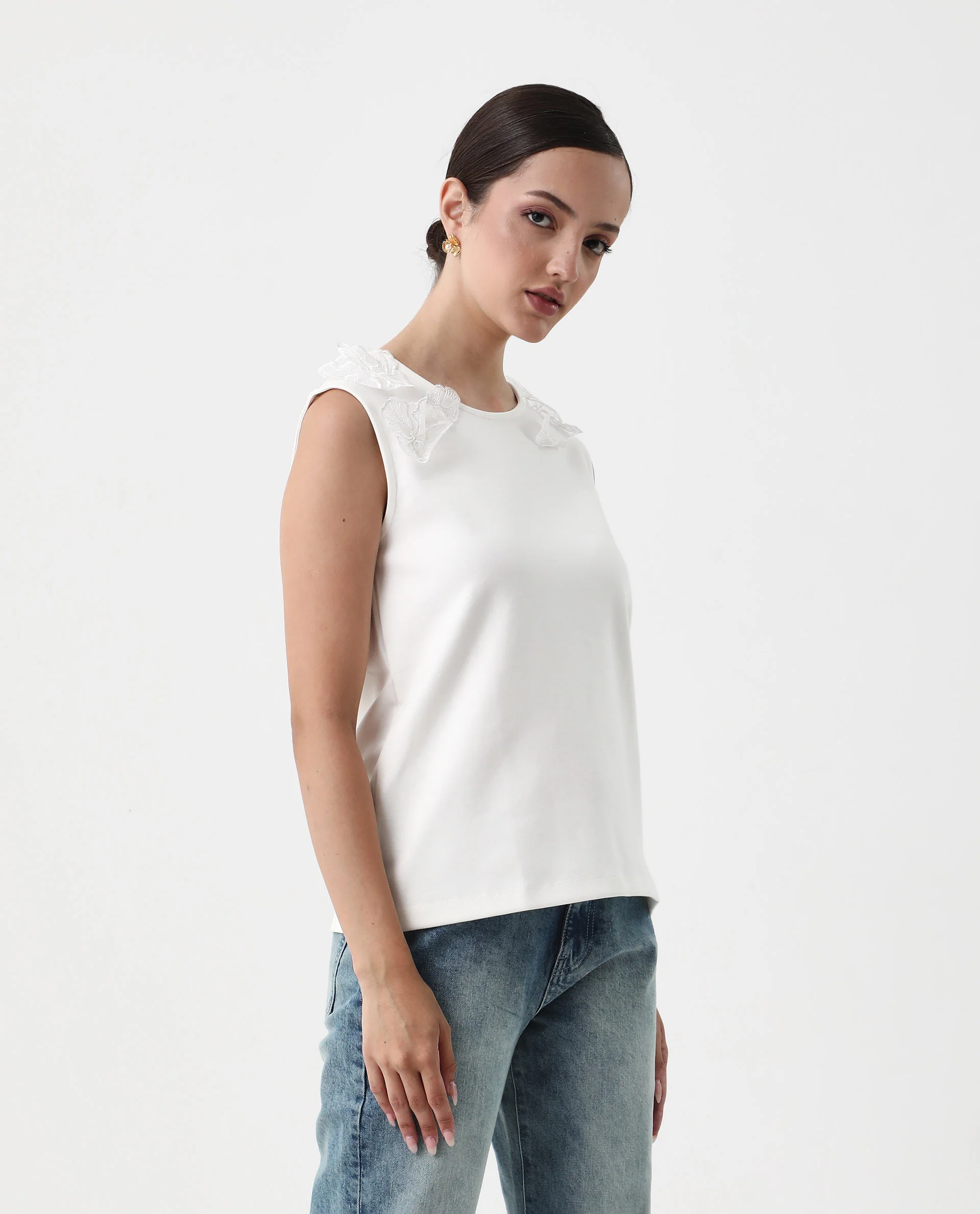 Rareism Women's Janbed Off White Cotton Round Neck Plain Sleeveless Regular Fit T-Shirt - Image 7