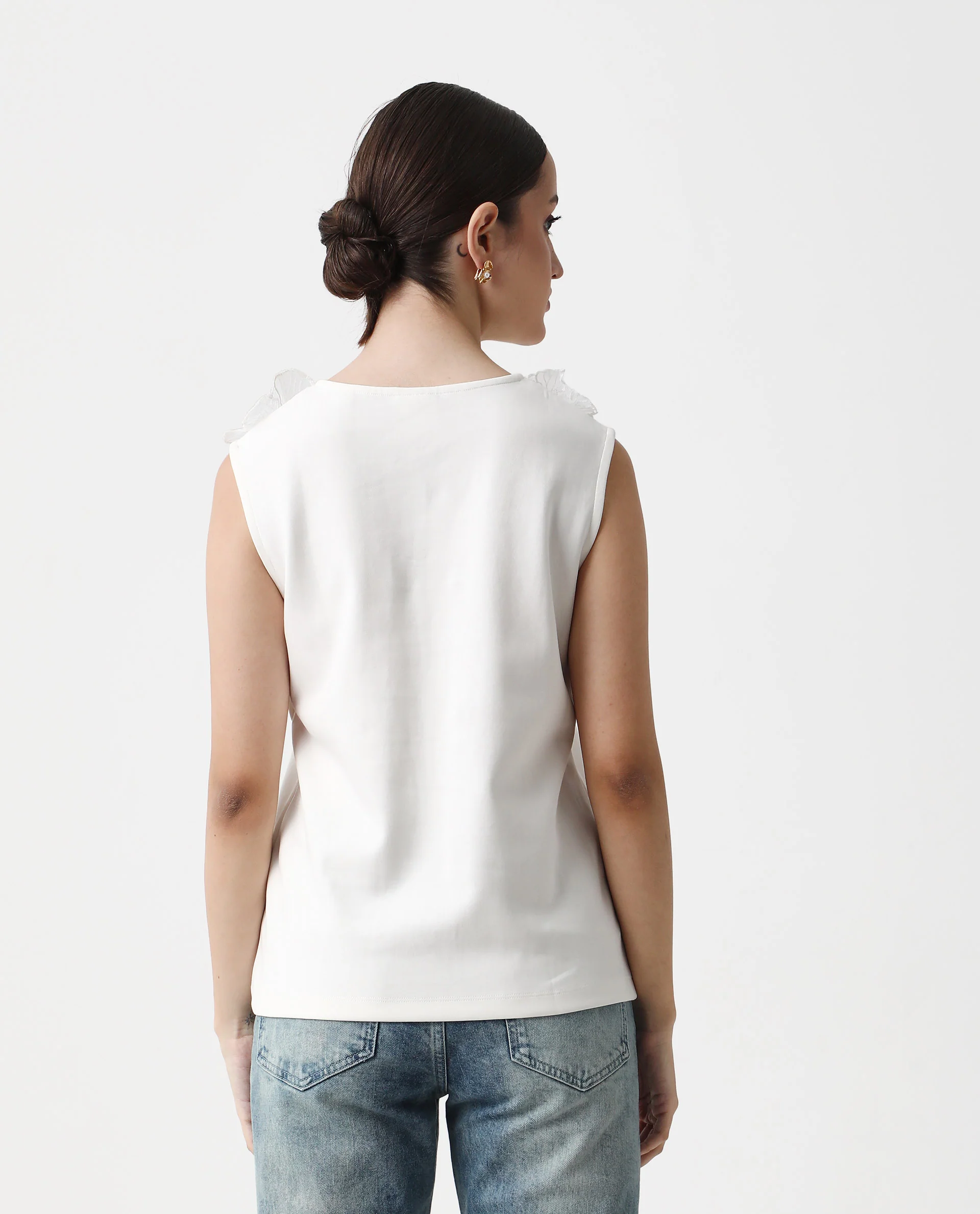 Rareism Women's Janbed Off White Cotton Round Neck Plain Sleeveless Regular Fit T-Shirt - Image 8