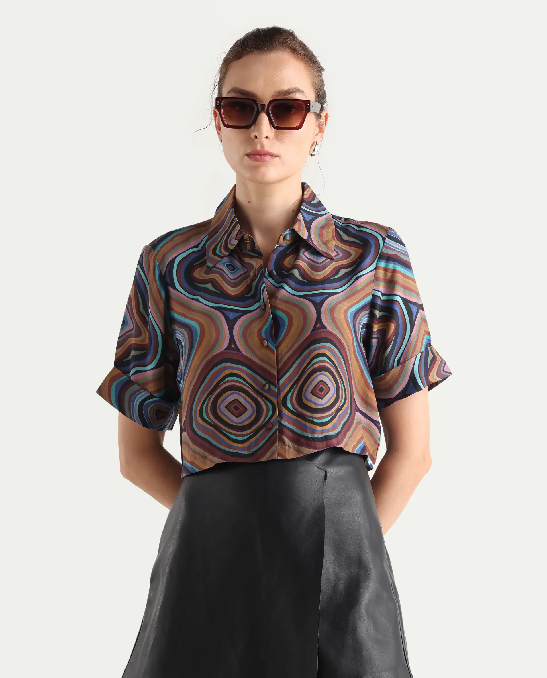 Rareism Women's Janber Dark Multi Cotton Spread Collar Abstract Print Crop Regular Fit Shirt