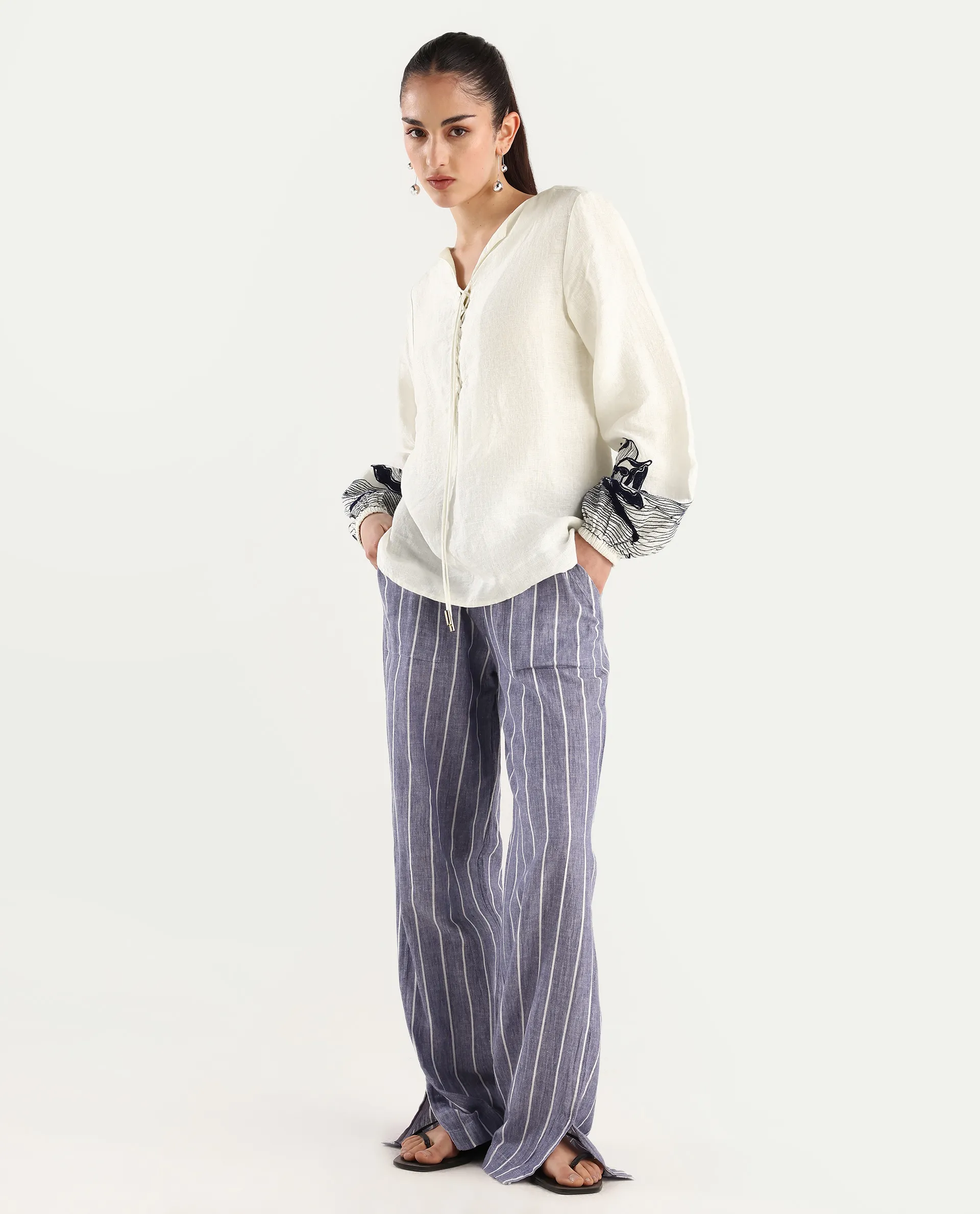 Rareism Women's Janbo White Linen Tie-Up Neck Embroidered Bishop Sleeve Regular Fit Top - Image 2