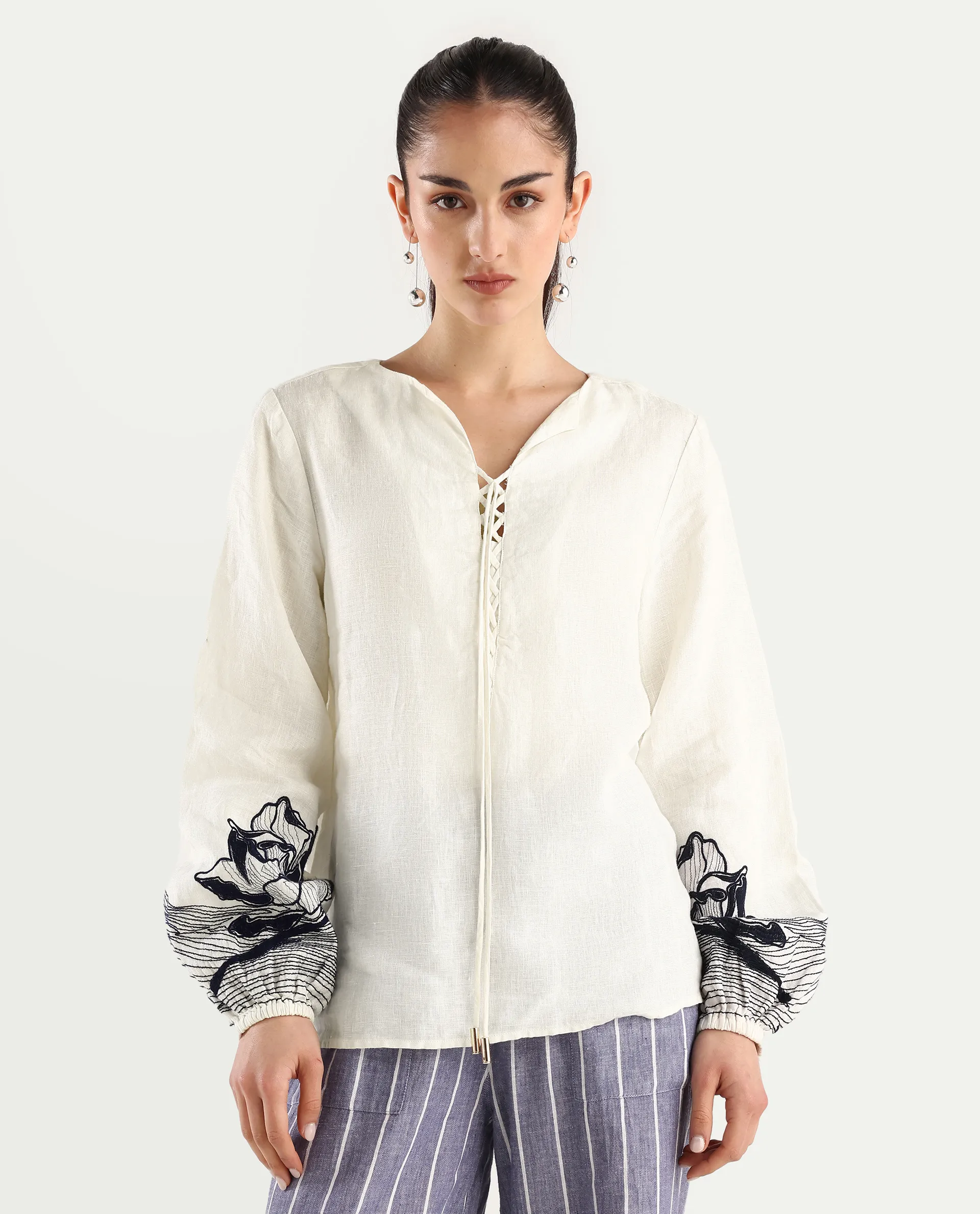 Rareism Women's Janbo White Linen Tie-Up Neck Embroidered Bishop Sleeve Regular Fit Top - Image 3