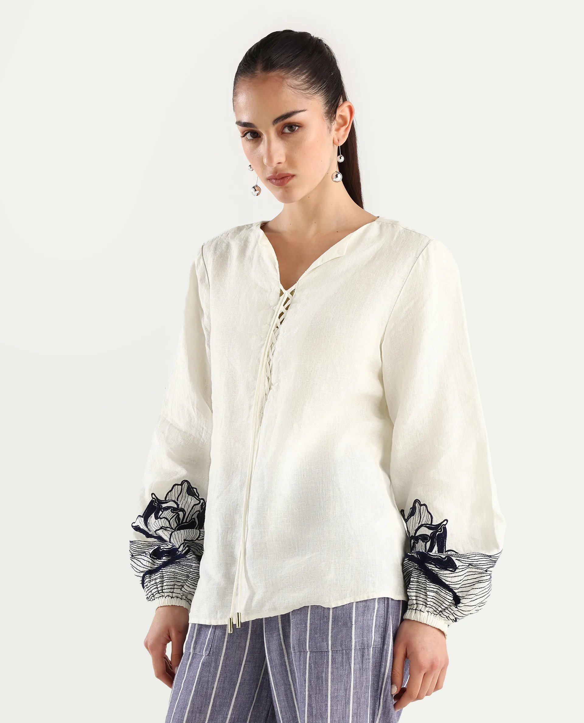 Rareism Women's Janbo White Linen Tie-Up Neck Embroidered Bishop Sleeve Regular Fit Top - Image 5