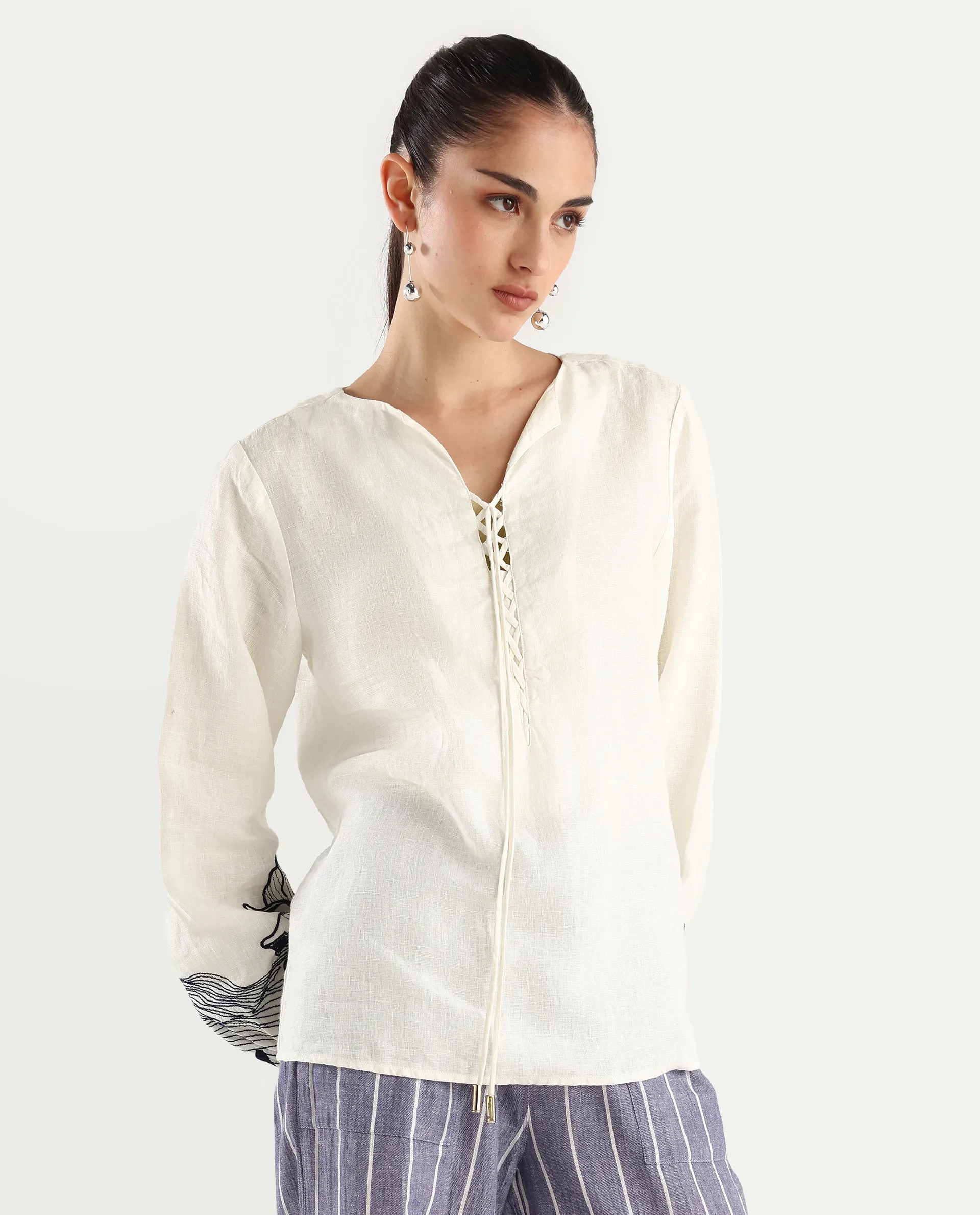 Rareism Women's Janbo White Linen Tie-Up Neck Embroidered Bishop Sleeve Regular Fit Top - Image 6