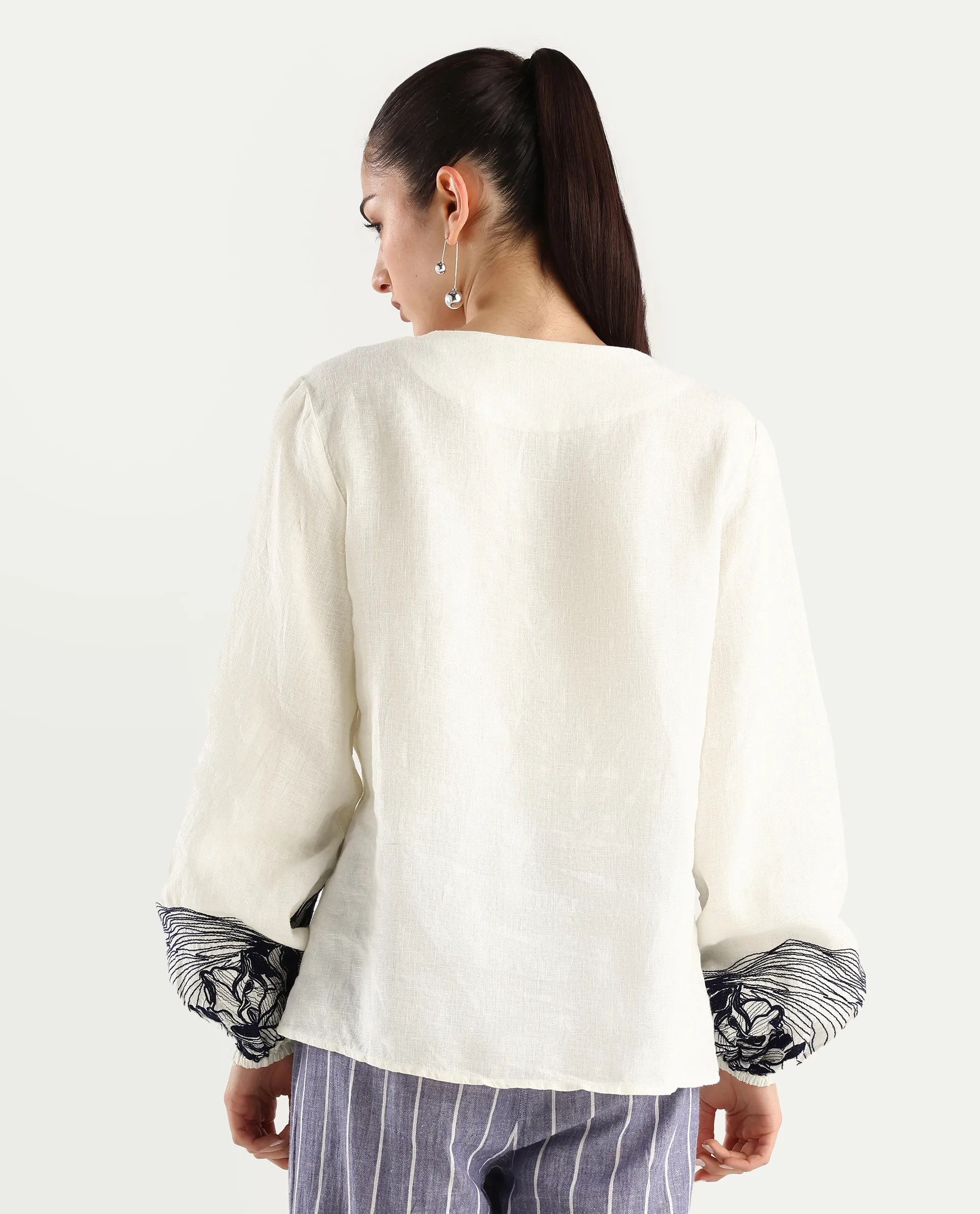 Rareism Women's Janbo White Linen Tie-Up Neck Embroidered Bishop Sleeve Regular Fit Top - Image 7