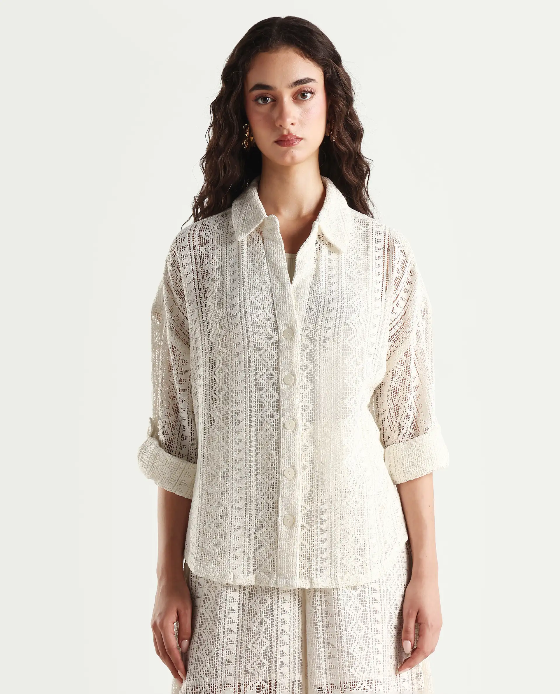 Rareism Women's Jancodam-T White Cotton Spread Collar Plain Cuffed Sleeve Relaxed Fit Shirt - Image 3