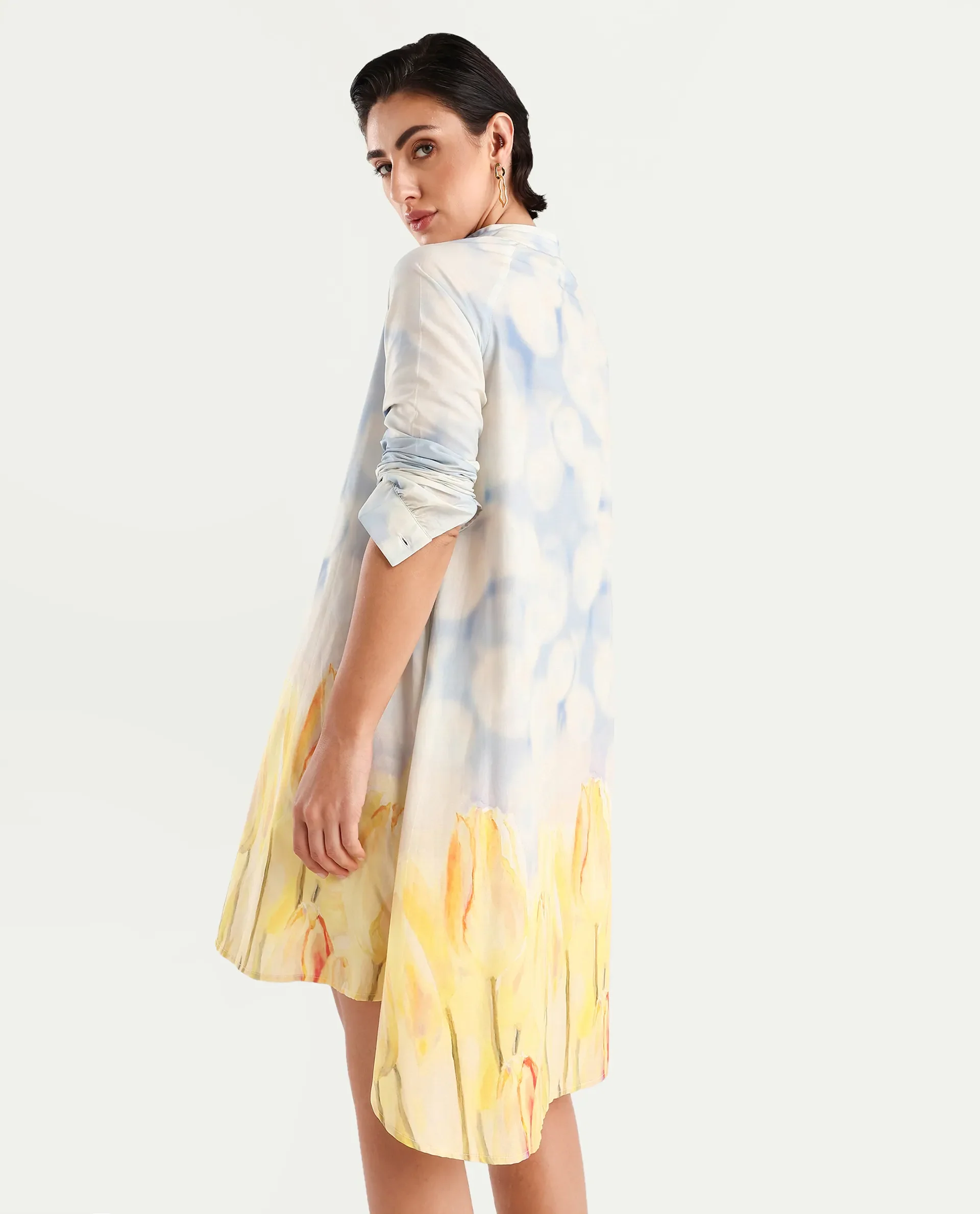 Rareism Women's Jancon Light Multi Modal Band Collar Floral Print Raglan Sleeve Mini A-Line Dress