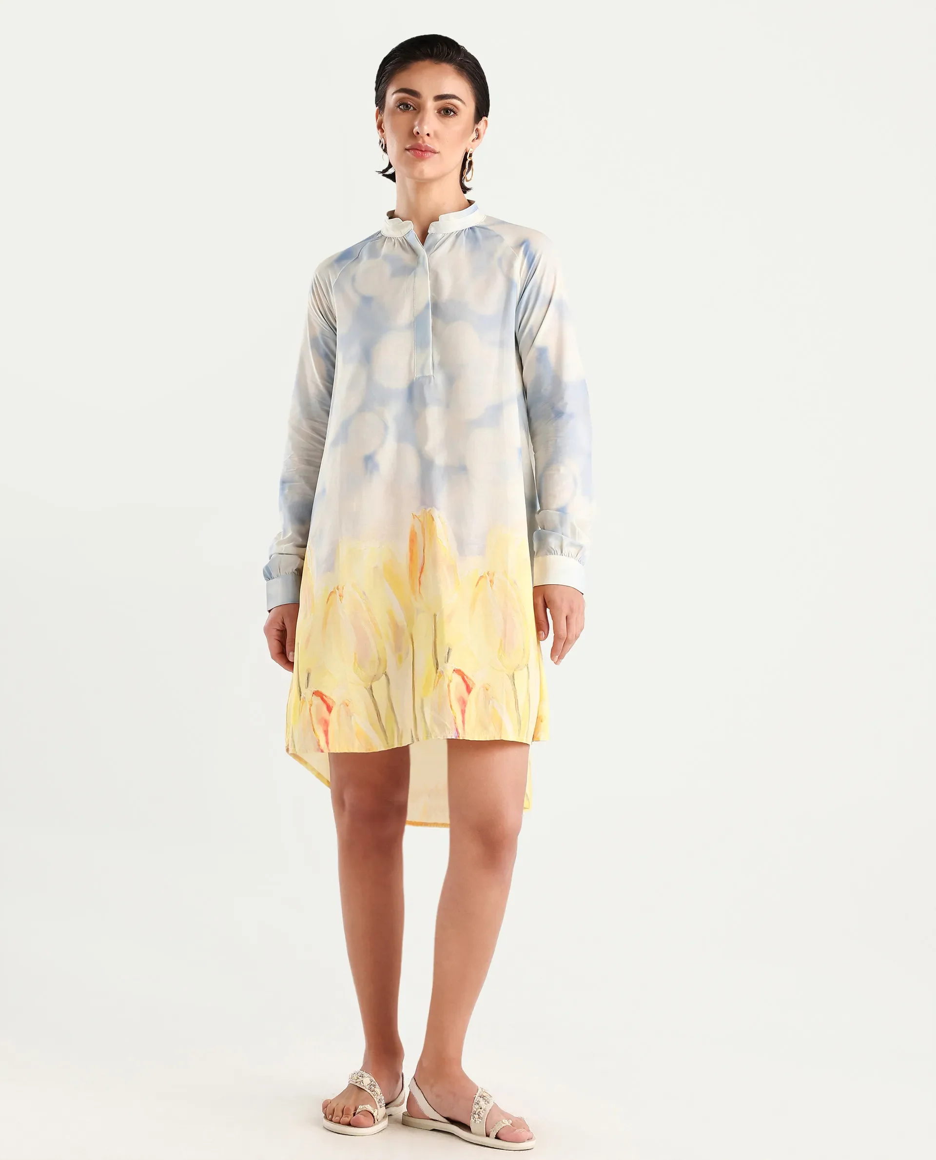 Rareism Women's Jancon Light Multi Modal Band Collar Floral Print Raglan Sleeve Mini A-Line Dress - Image 3