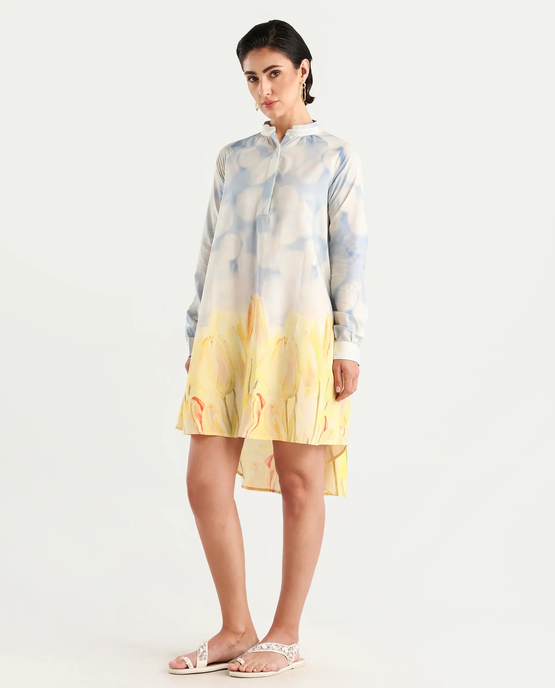 Rareism Women's Jancon Light Multi Modal Band Collar Floral Print Raglan Sleeve Mini A-Line Dress - Image 5