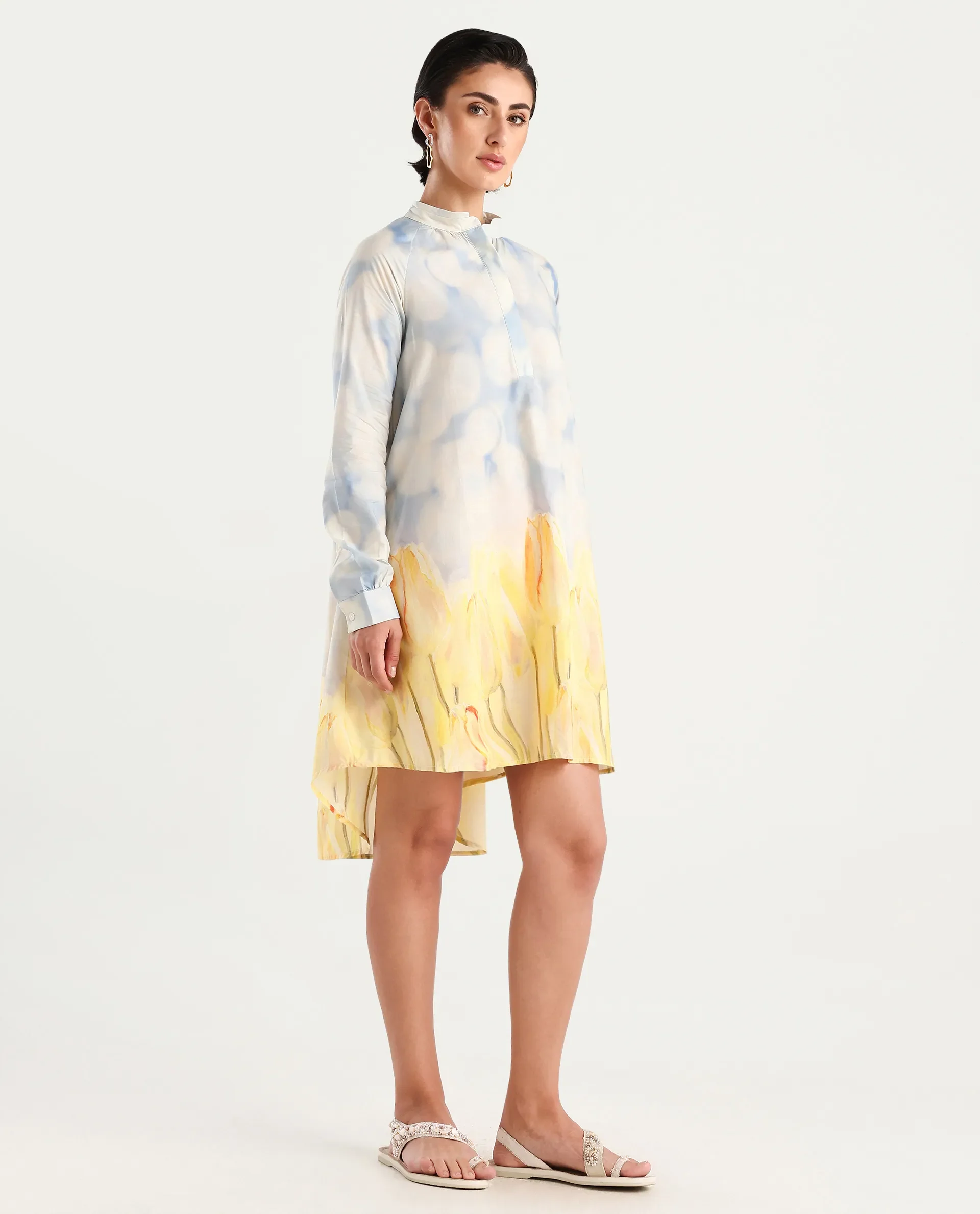 Rareism Women's Jancon Light Multi Modal Band Collar Floral Print Raglan Sleeve Mini A-Line Dress - Image 6