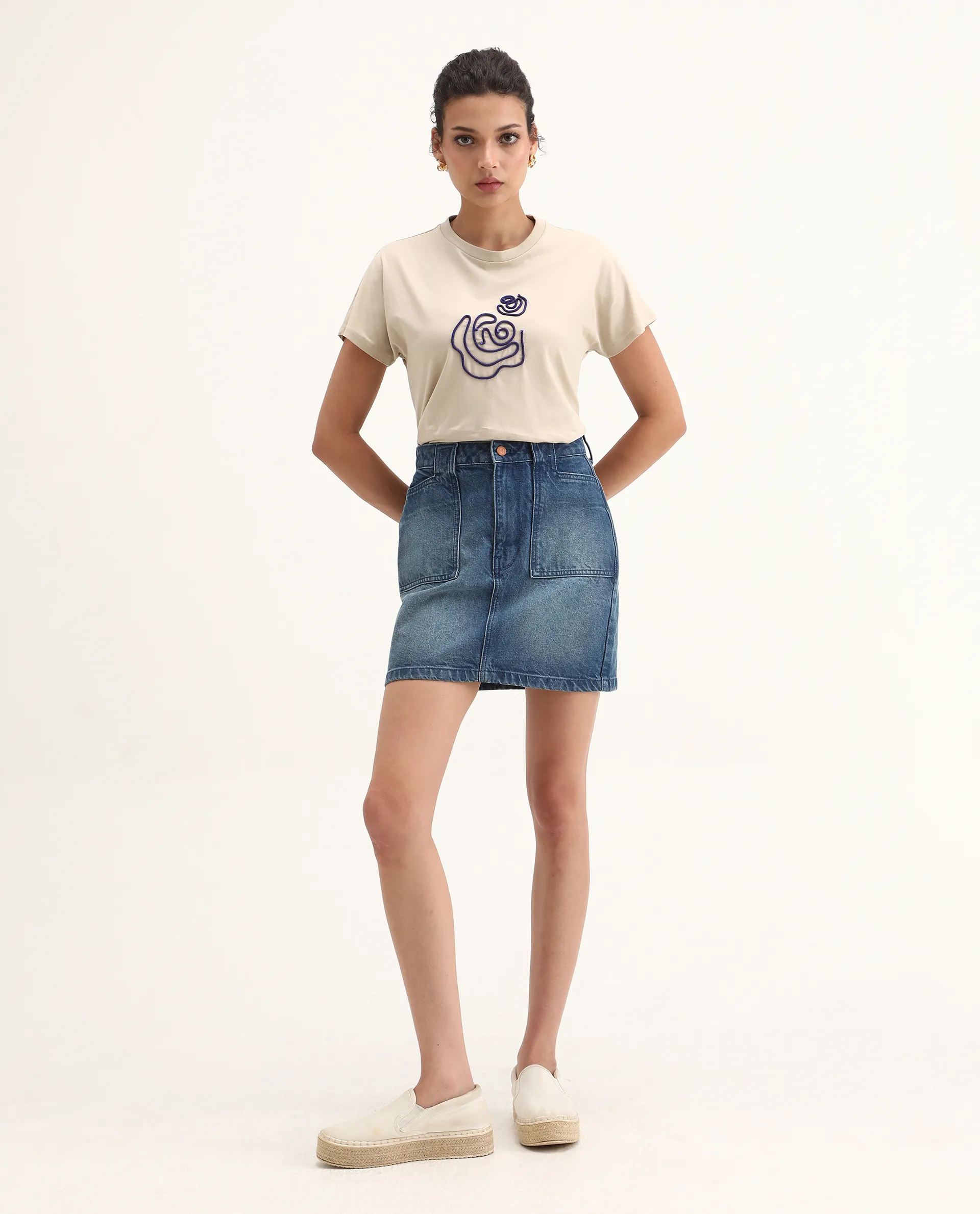 Rareism Women's Jancor Beige Cotton Blend Round Neck Plain Regular Fit T-Shirt - Image 2
