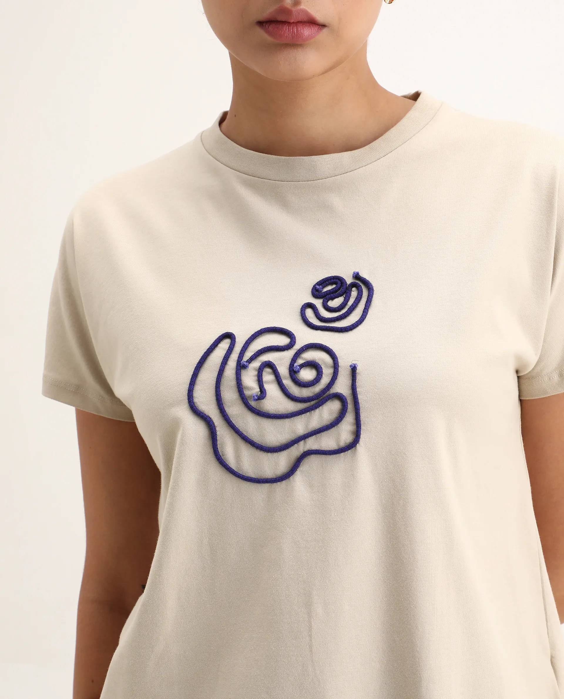 Rareism Women's Jancor Beige Cotton Blend Round Neck Plain Regular Fit T-Shirt - Image 3