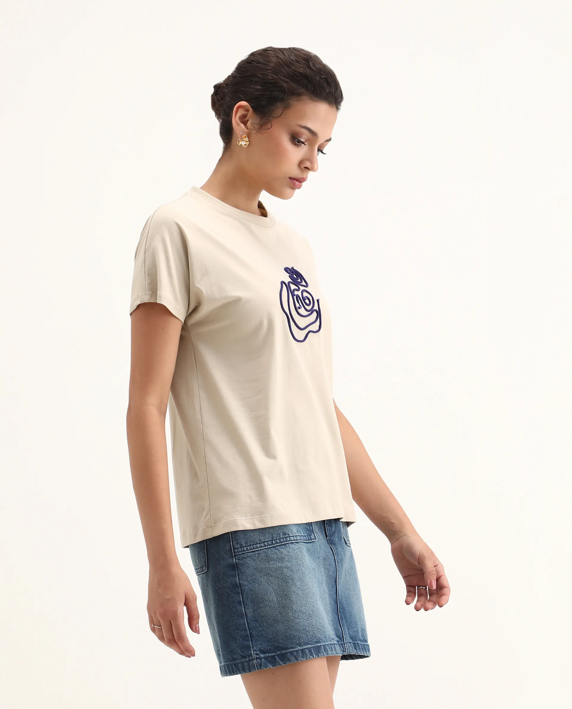 Rareism Women's Jancor Beige Cotton Blend Round Neck Plain Regular Fit T-Shirt - Image 4