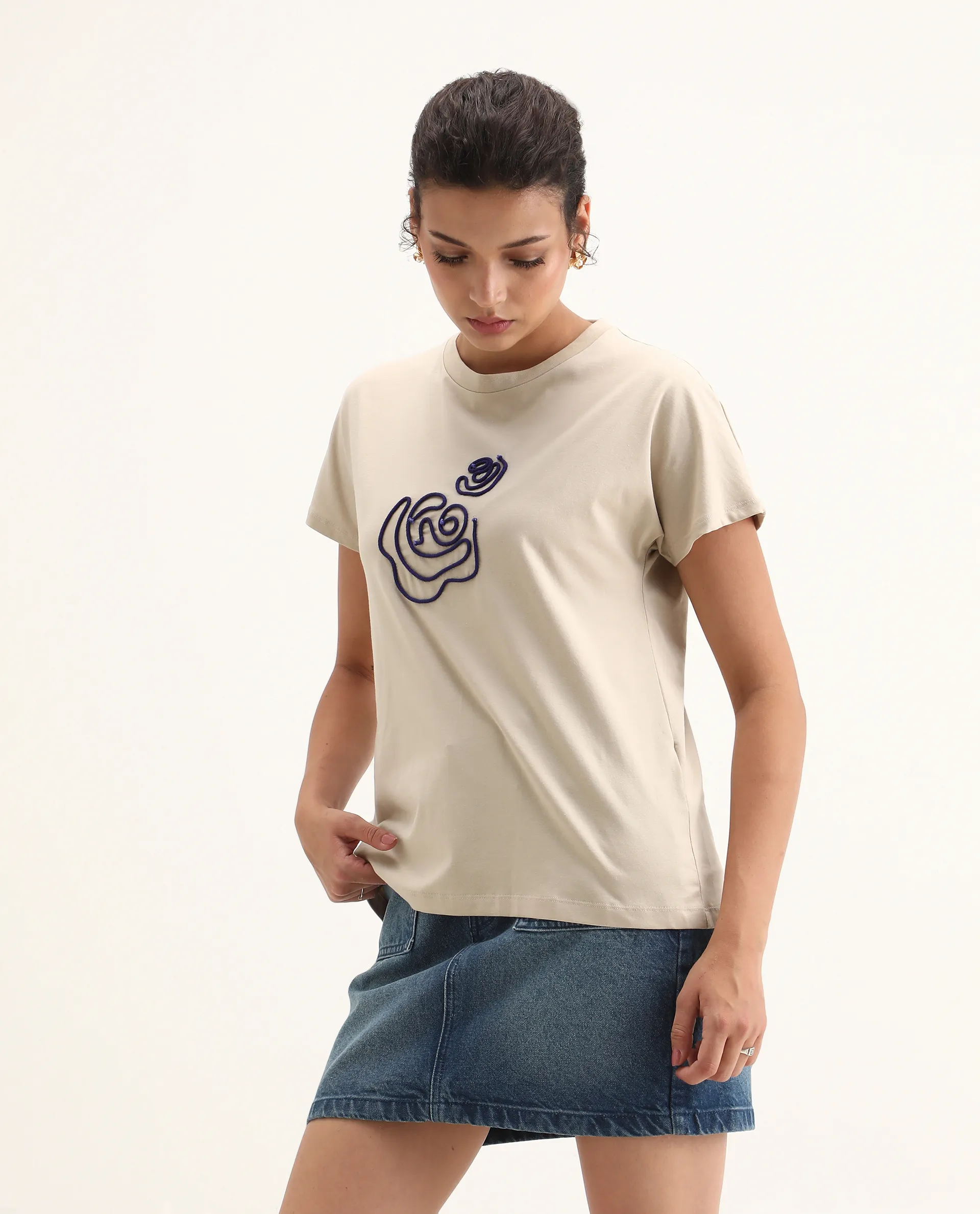 Rareism Women's Jancor Beige Cotton Blend Round Neck Plain Regular Fit T-Shirt - Image 5