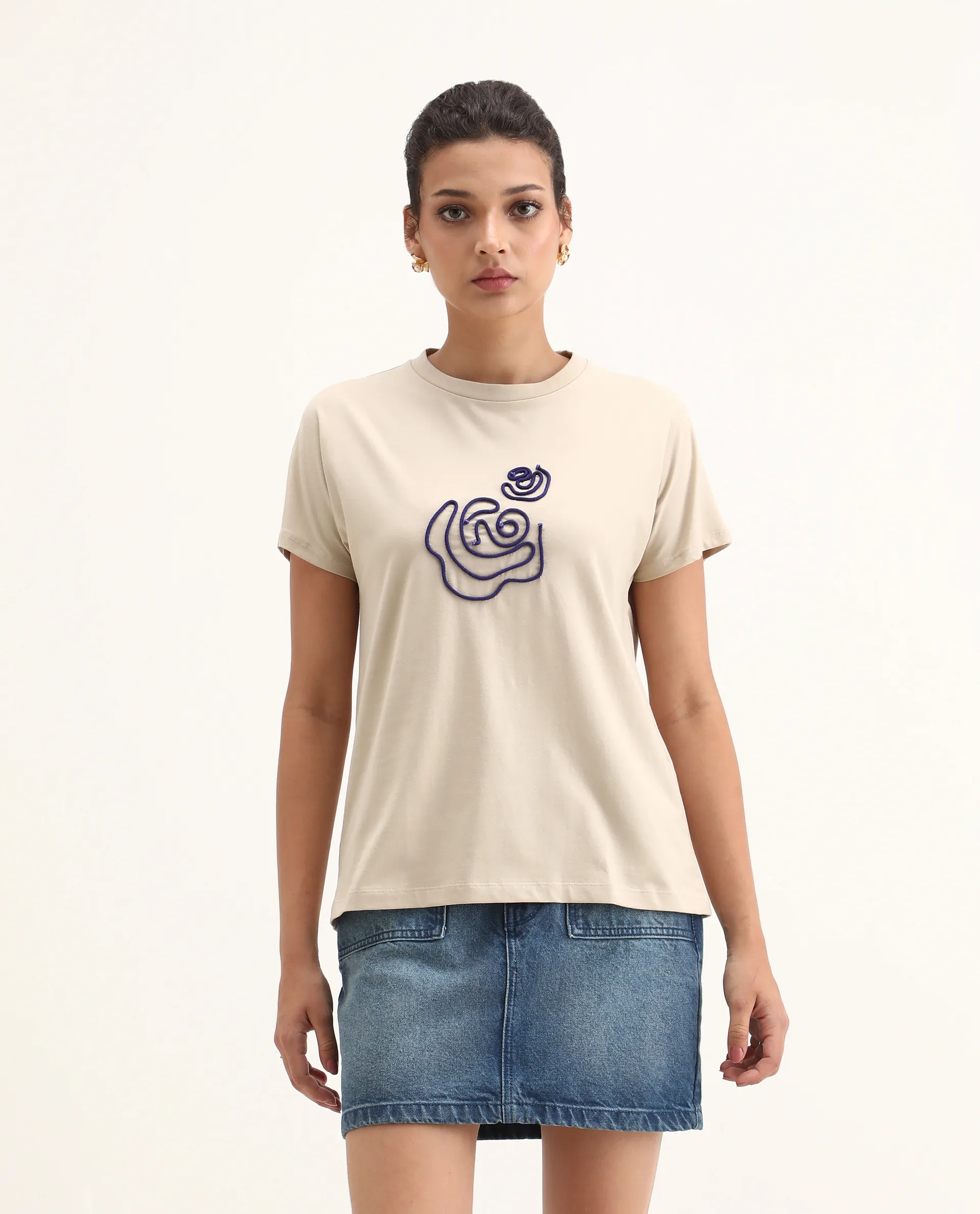 Rareism Women's Jancor Beige Cotton Blend Round Neck Plain Regular Fit T-Shirt - Image 6