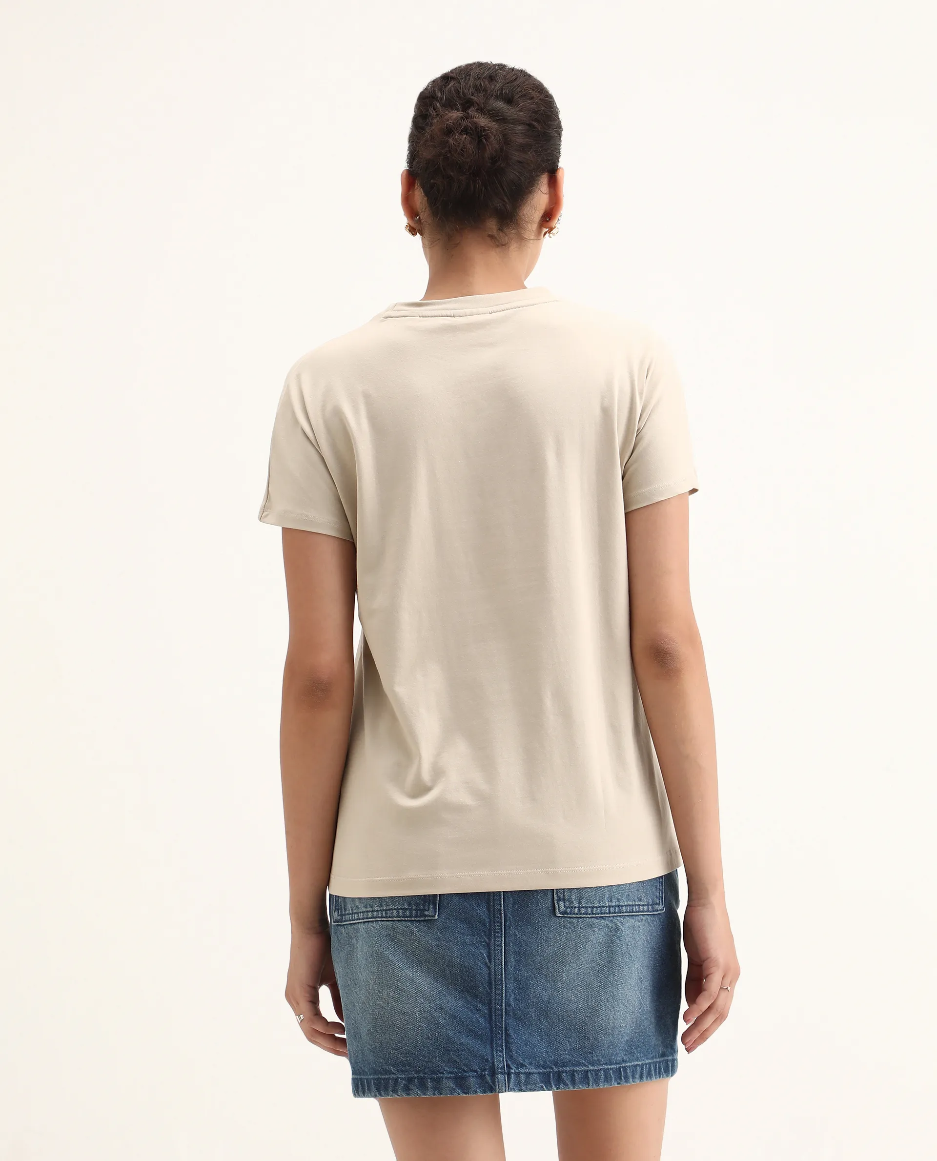Rareism Women's Jancor Beige Cotton Blend Round Neck Plain Regular Fit T-Shirt - Image 7