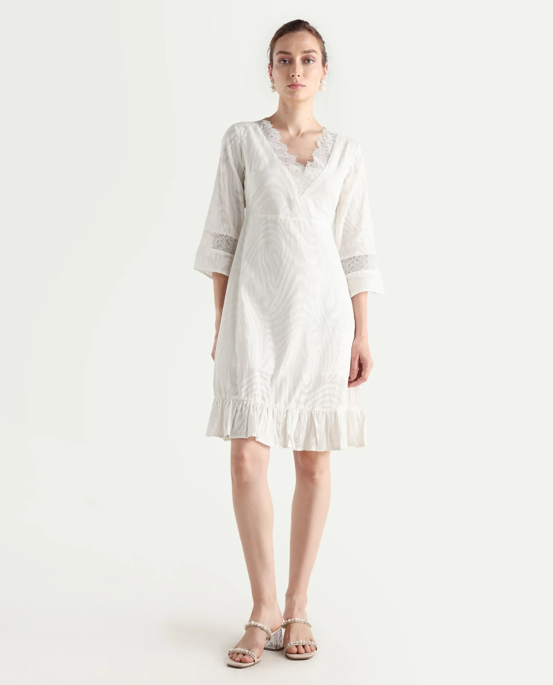 Rareism Women's Jancuol Off White Cotton V-Neck Plain Bell Sleeve Knee Length Fit And Flare Dress - Image 2