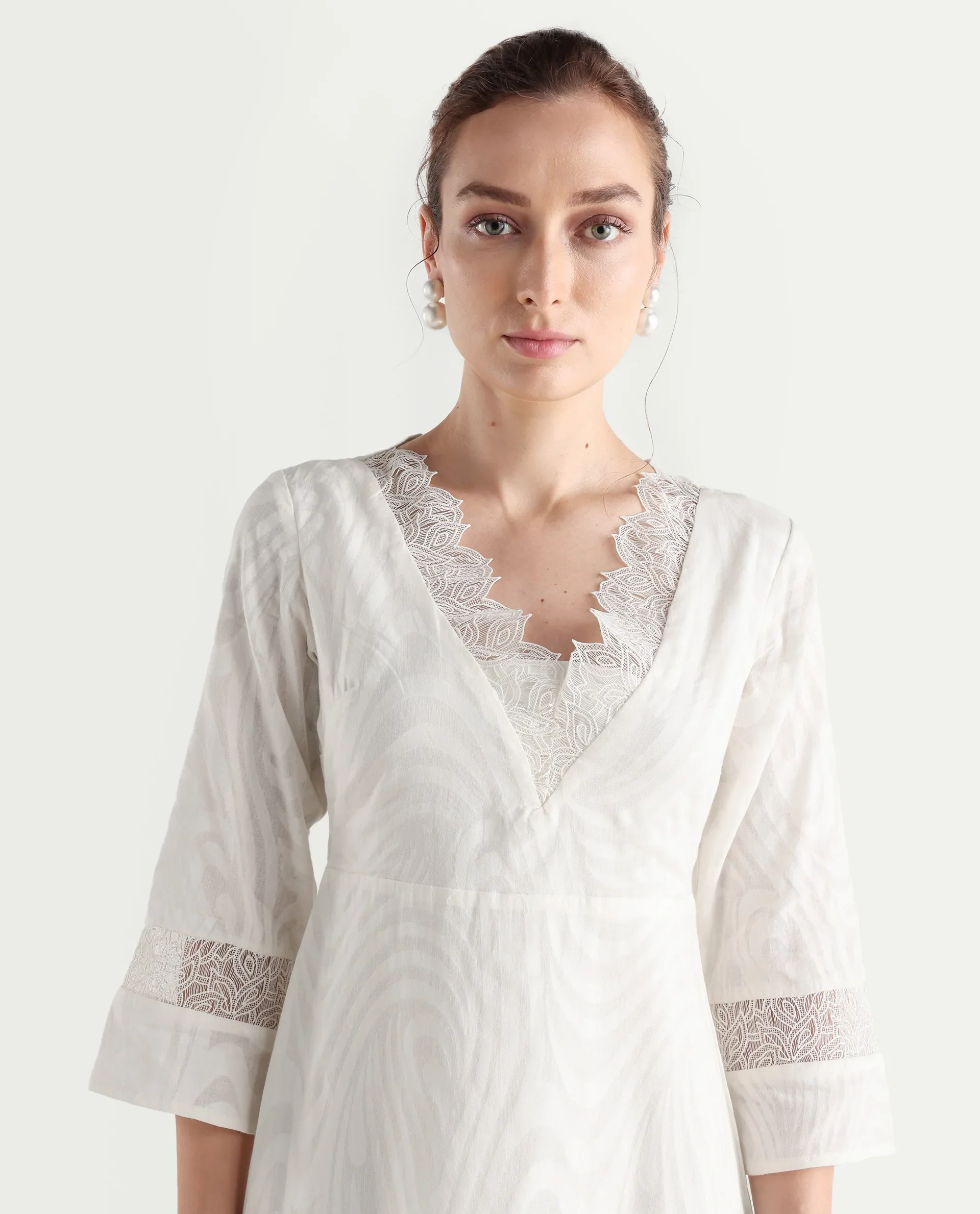 Rareism Women's Jancuol Off White Cotton V-Neck Plain Bell Sleeve Knee Length Fit And Flare Dress - Image 3