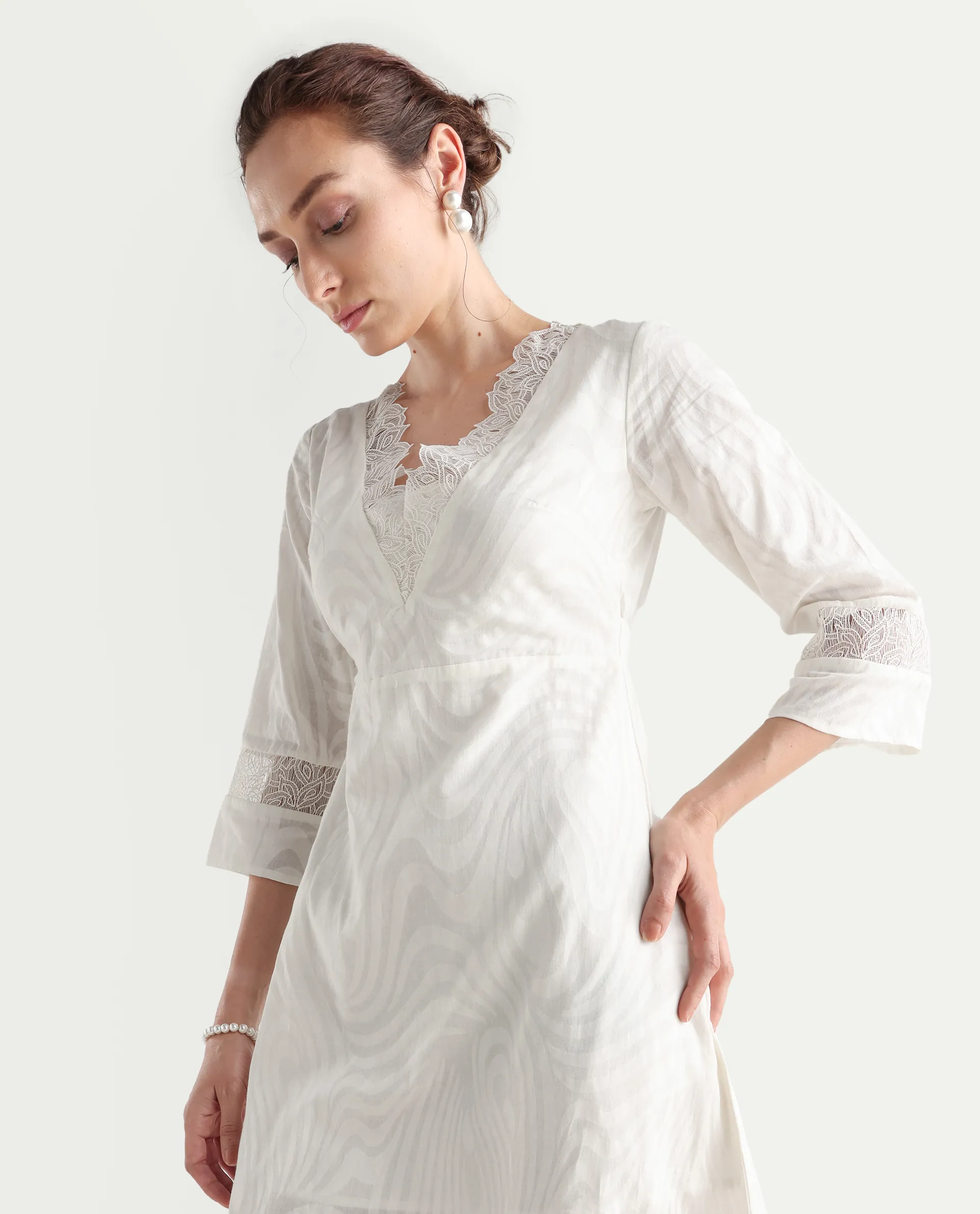 Rareism Women's Jancuol Off White Cotton V-Neck Plain Bell Sleeve Knee Length Fit And Flare Dress - Image 4
