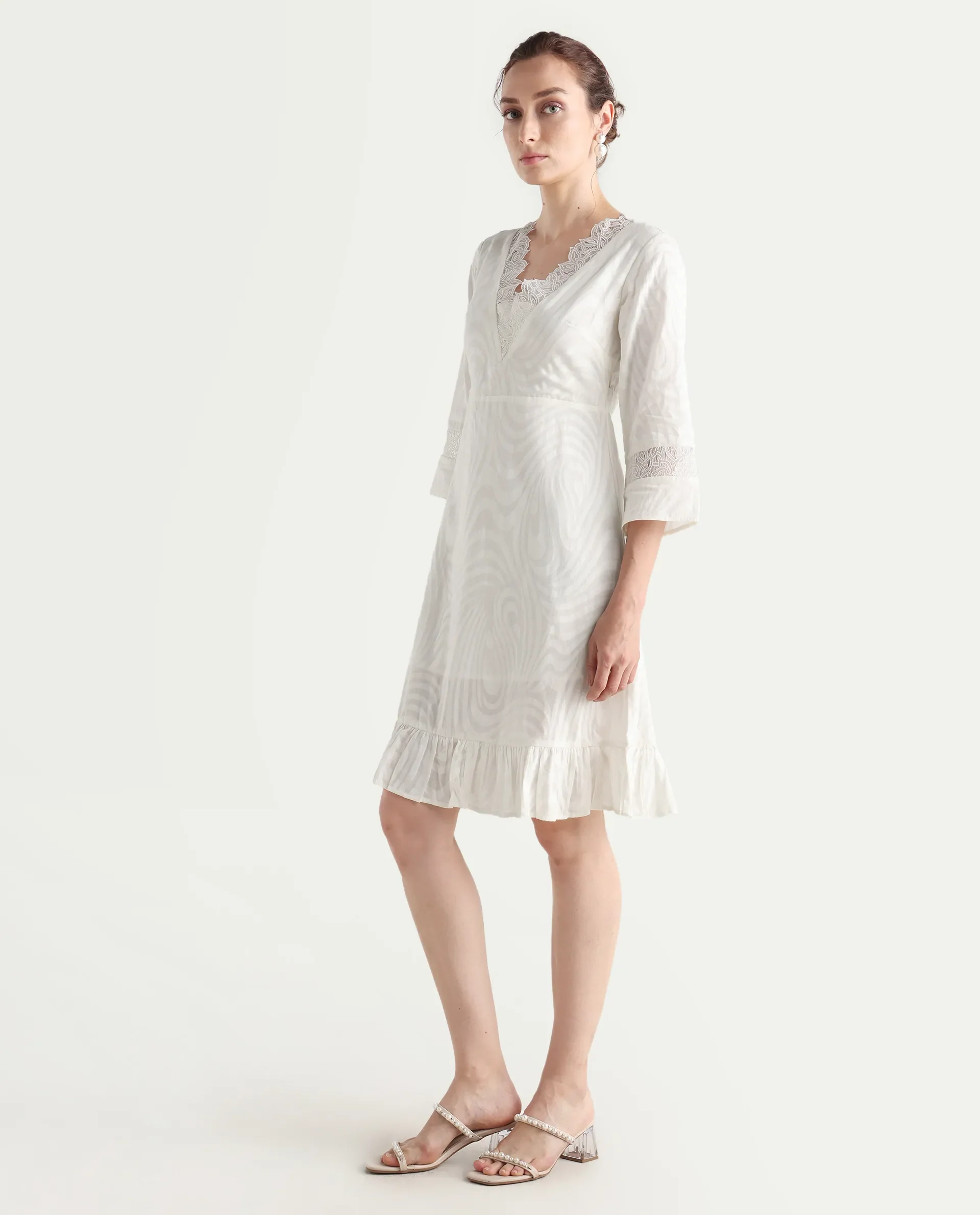 Rareism Women's Jancuol Off White Cotton V-Neck Plain Bell Sleeve Knee Length Fit And Flare Dress - Image 6