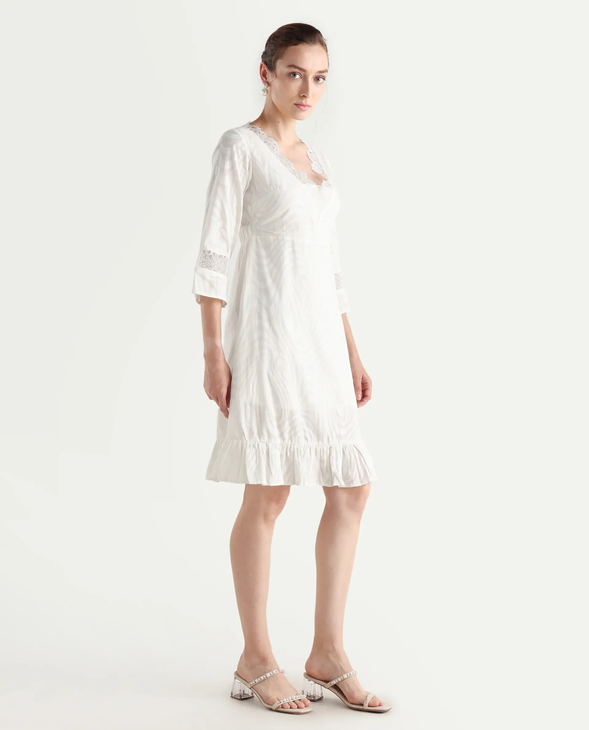 Rareism Women's Jancuol Off White Cotton V-Neck Plain Bell Sleeve Knee Length Fit And Flare Dress - Image 7