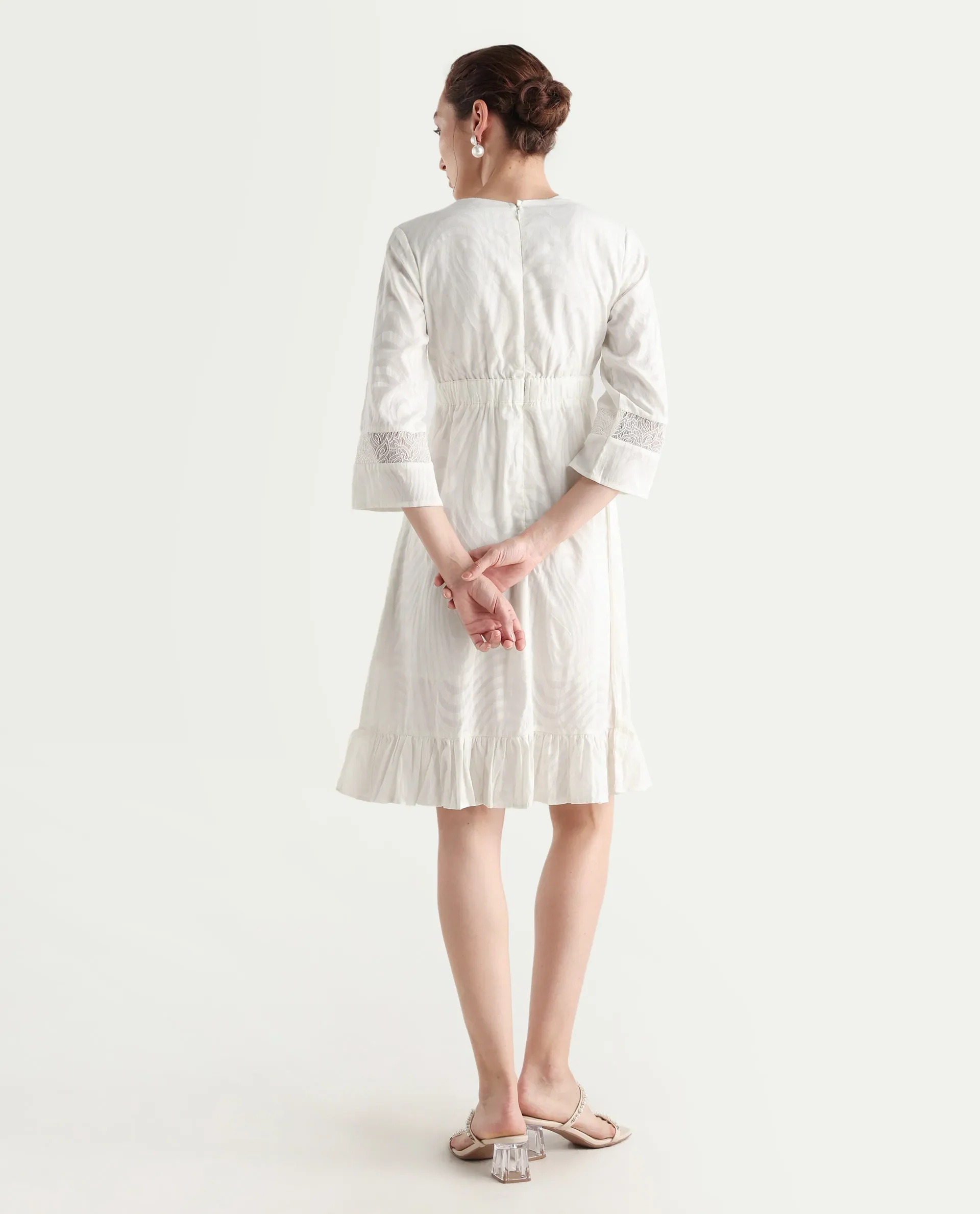Rareism Women's Jancuol Off White Cotton V-Neck Plain Bell Sleeve Knee Length Fit And Flare Dress - Image 8