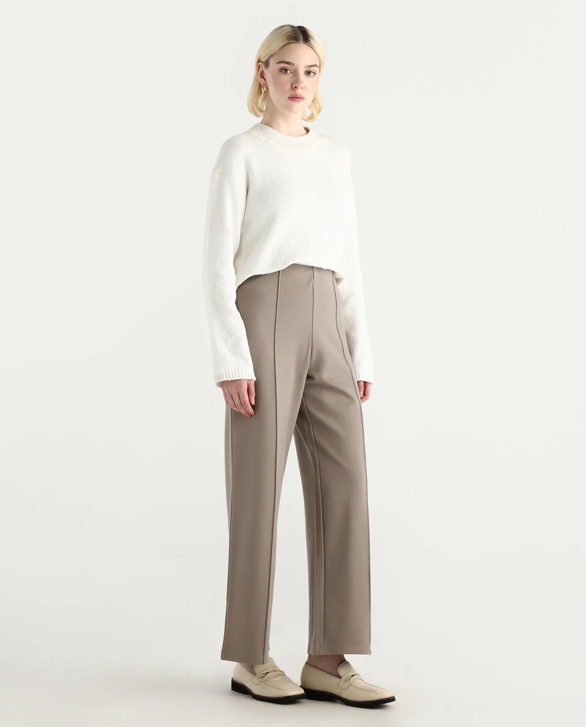 Rareism Women's Jancura-R Beige Nylon Fabric Straight Plain Trouser - Image 7