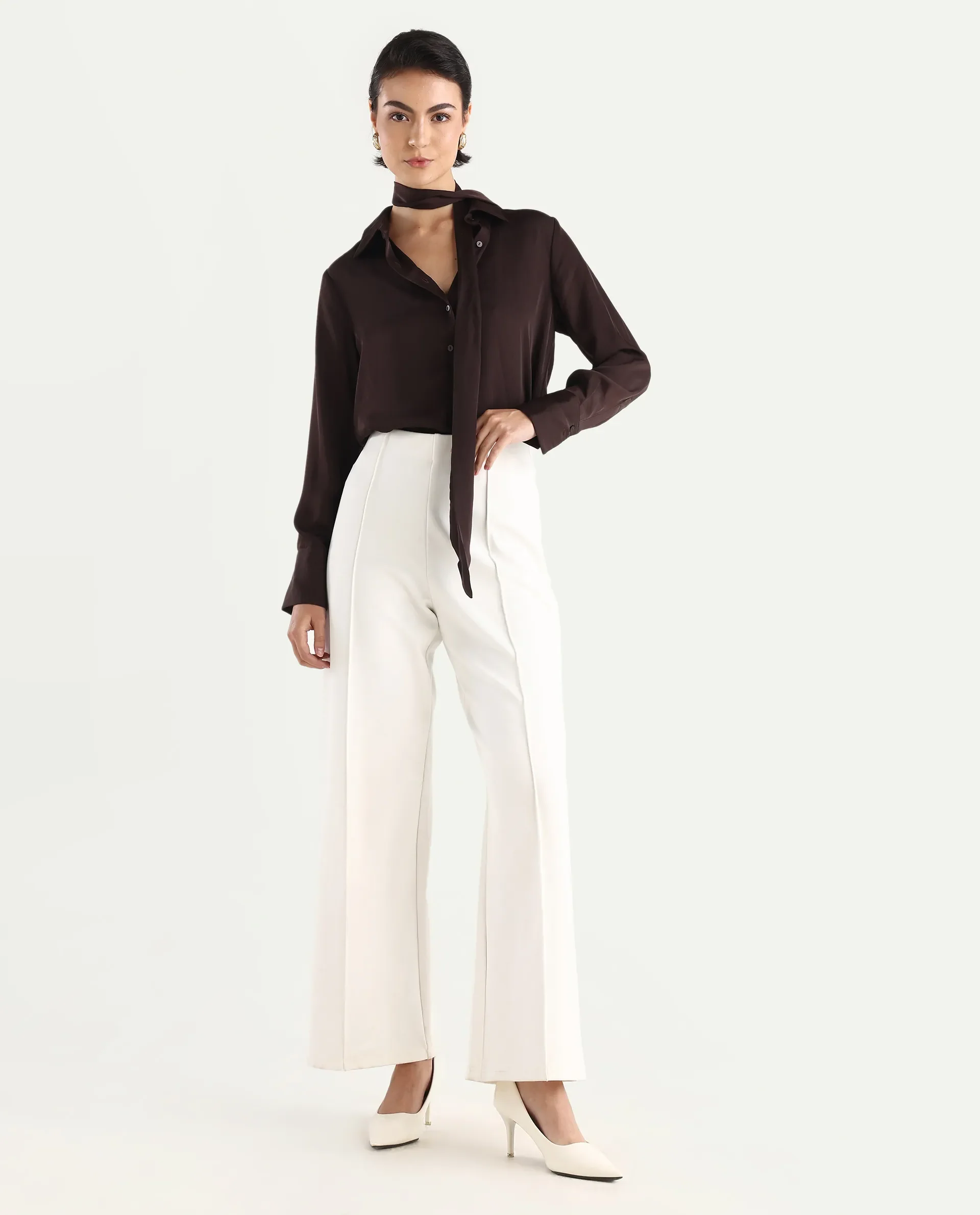 Rareism Women's Jancura Off White Nylon Straight Plain Trouser