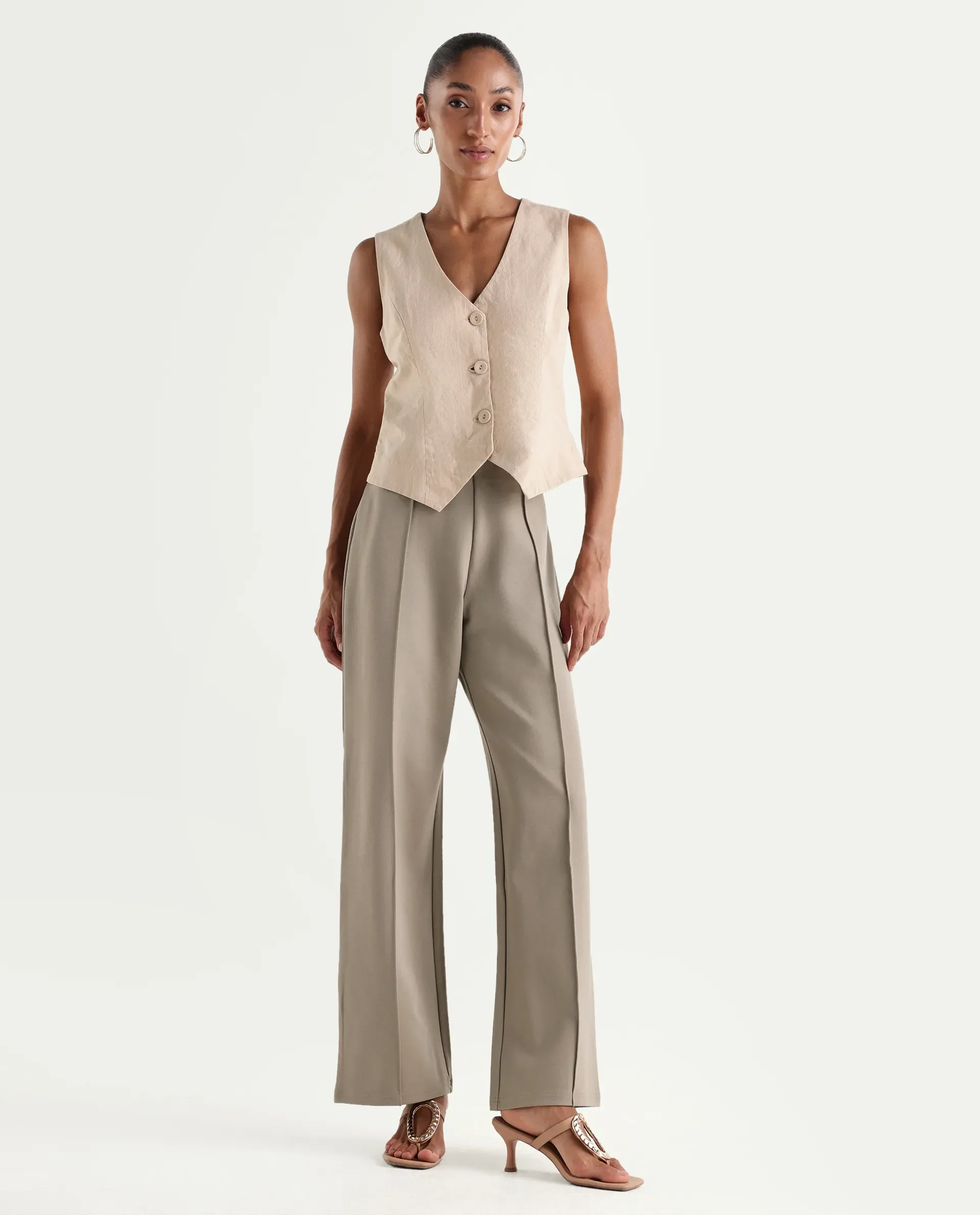 Rareism Women's Jancura-S26 Beige Viscose Blend Relaxed Fit Plain Trouser - Image 3