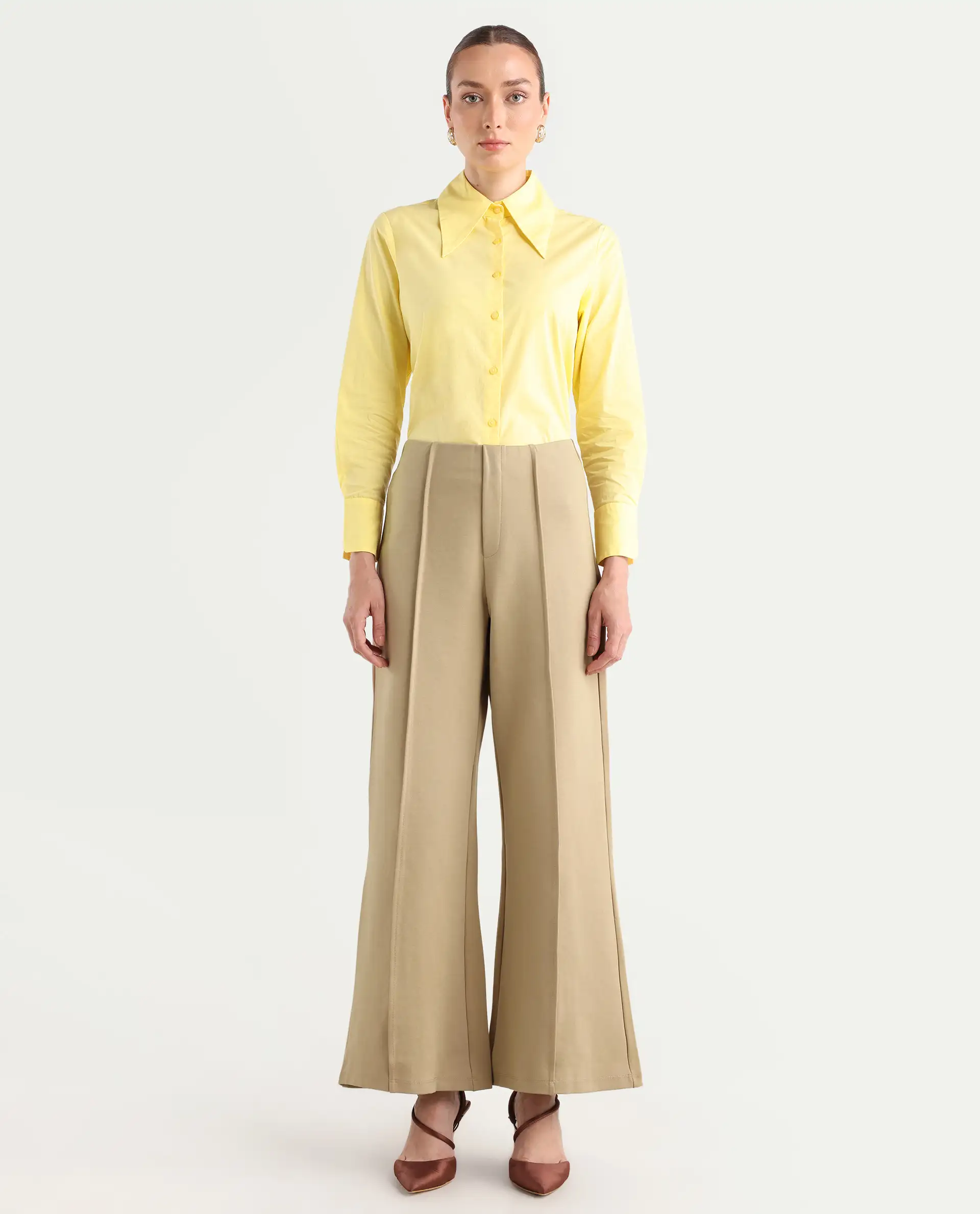 Rareism Women's Jancura Beige Rayon Blend Plain Ankle Length Bootcut Trouser - Image 2