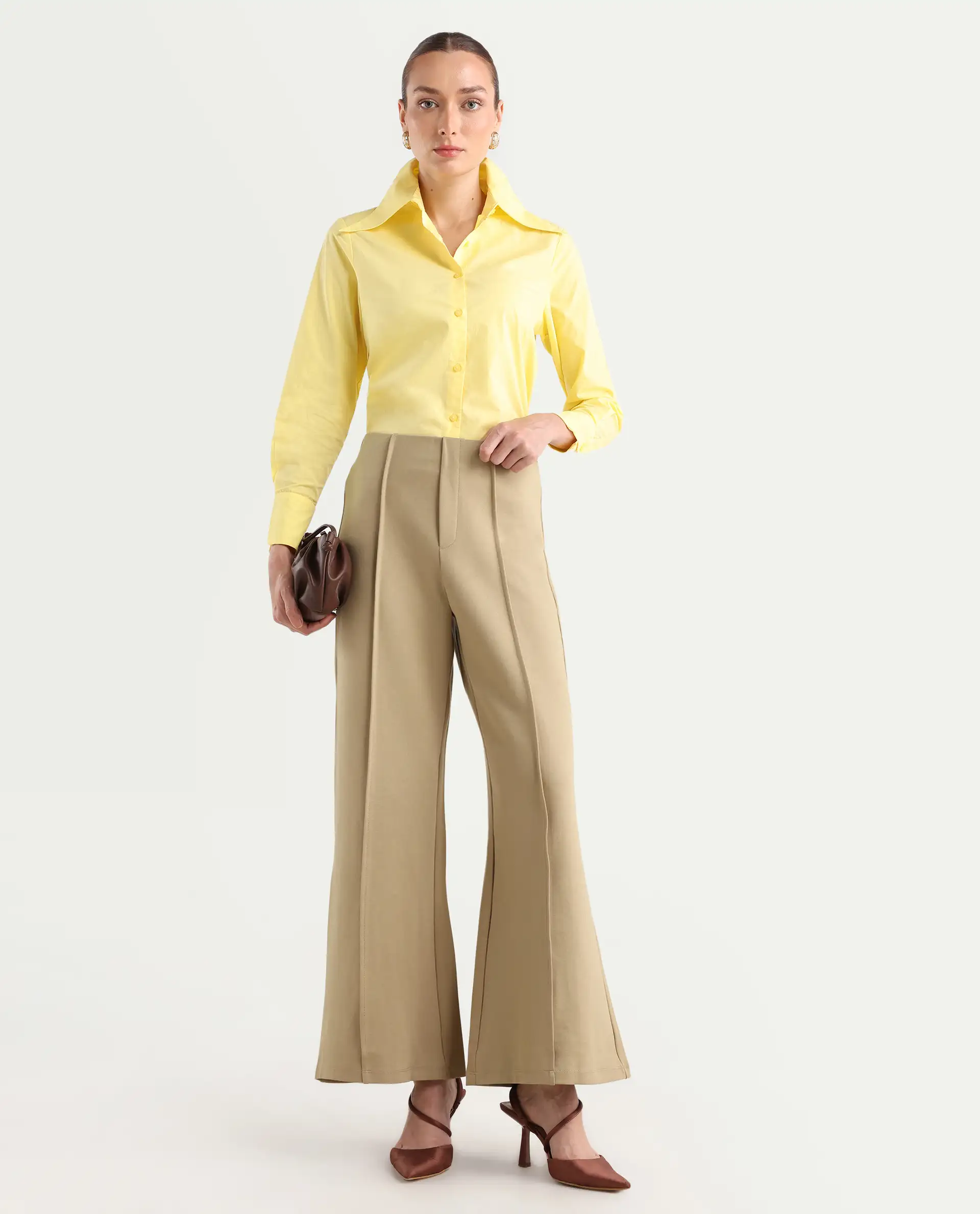 Rareism Women's Jancura Beige Rayon Blend Plain Ankle Length Bootcut Trouser - Image 3