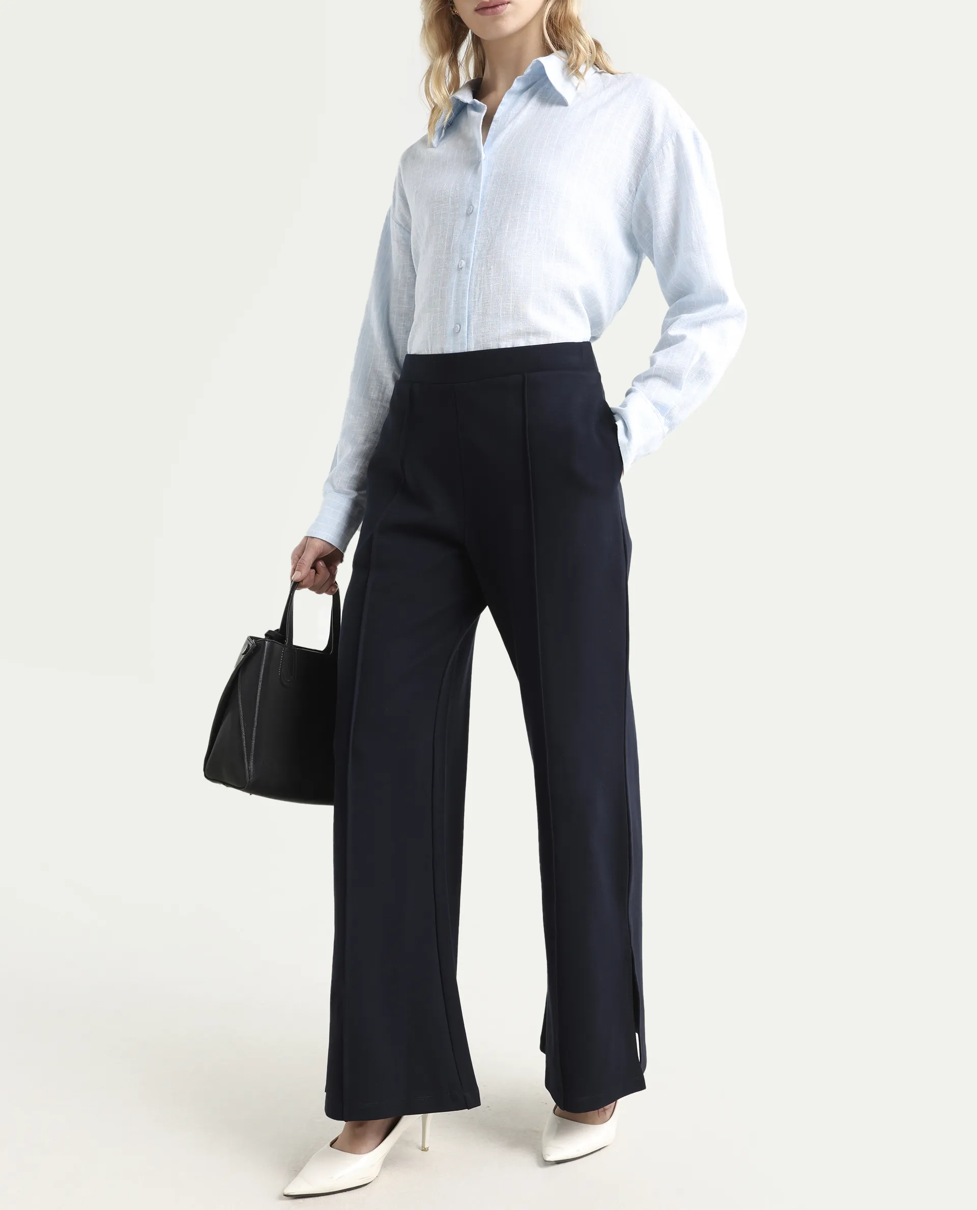 Rareism Women's Jancuri Navy Rayon Blend Plain Ankle Length Straight Fit Trouser