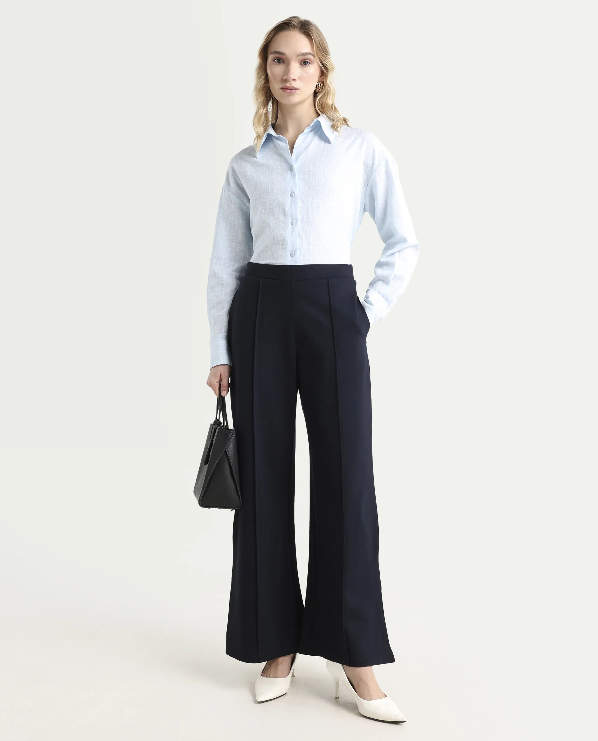 Rareism Women's Jancuri Navy Rayon Blend Plain Ankle Length Straight Fit Trouser - Image 2