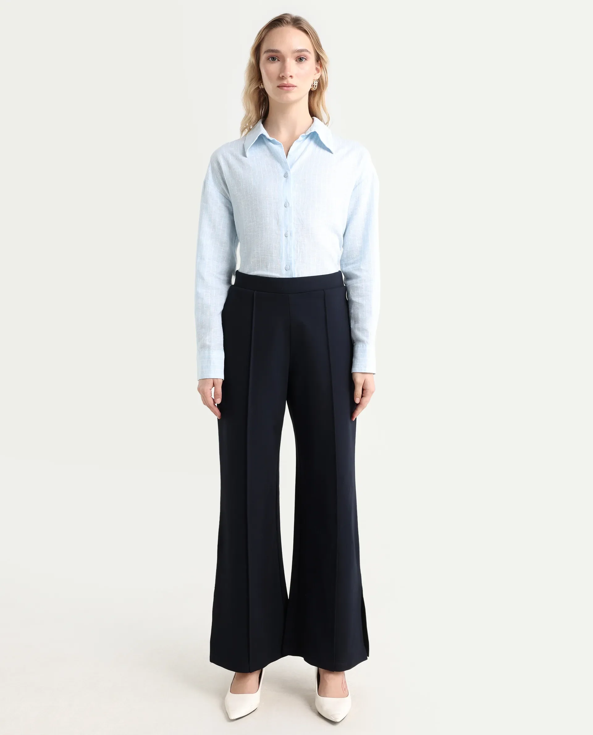 Rareism Women's Jancuri Navy Rayon Blend Plain Ankle Length Straight Fit Trouser - Image 3