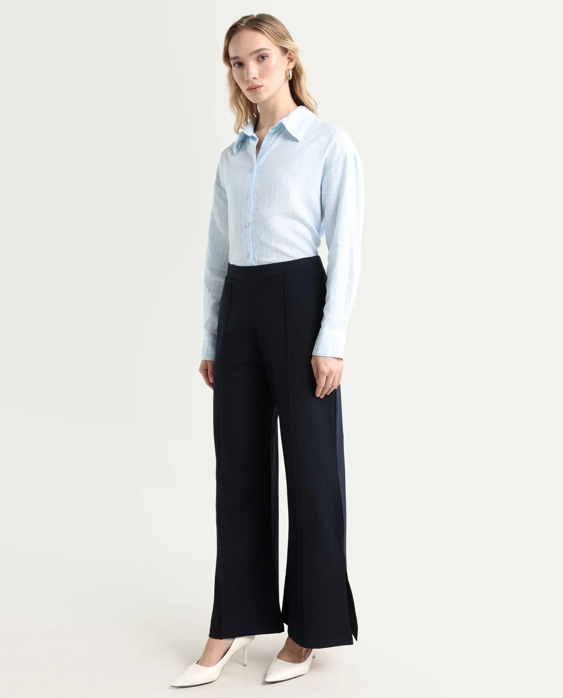 Rareism Women's Jancuri Navy Rayon Blend Plain Ankle Length Straight Fit Trouser - Image 6