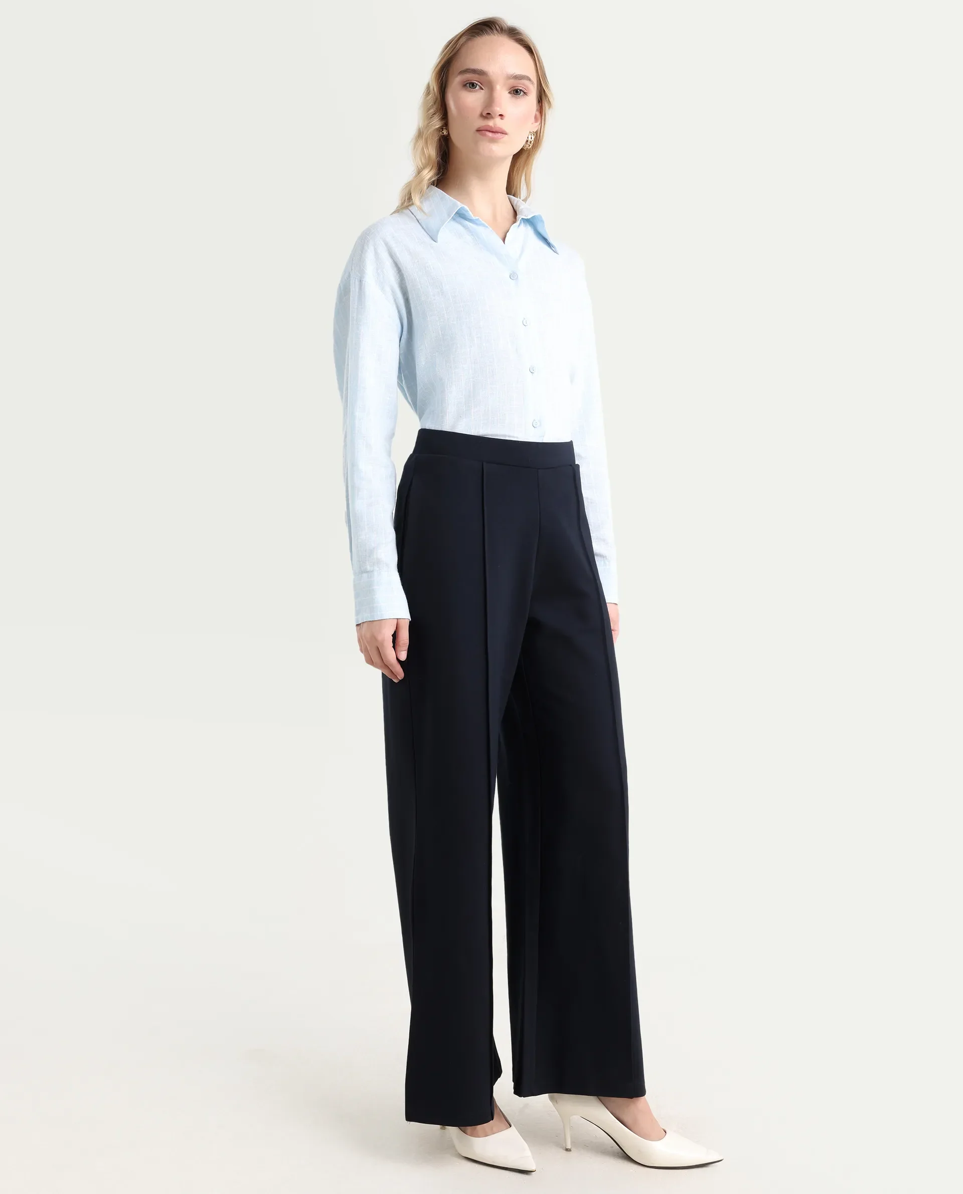 Rareism Women's Jancuri Navy Rayon Blend Plain Ankle Length Straight Fit Trouser - Image 7