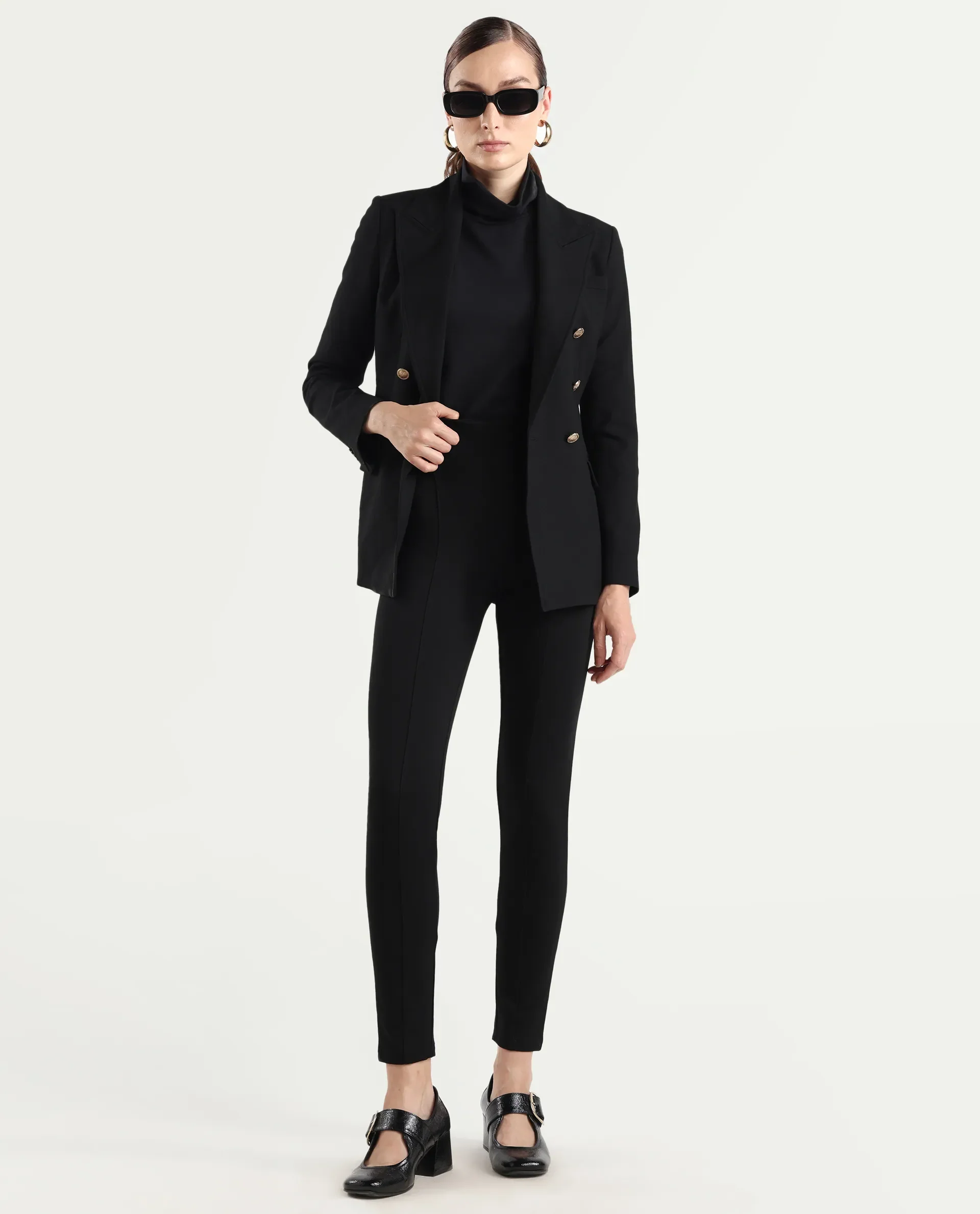 Rareism Women's Jancuro Black Nylon Skinny Fit Plain Trouser
